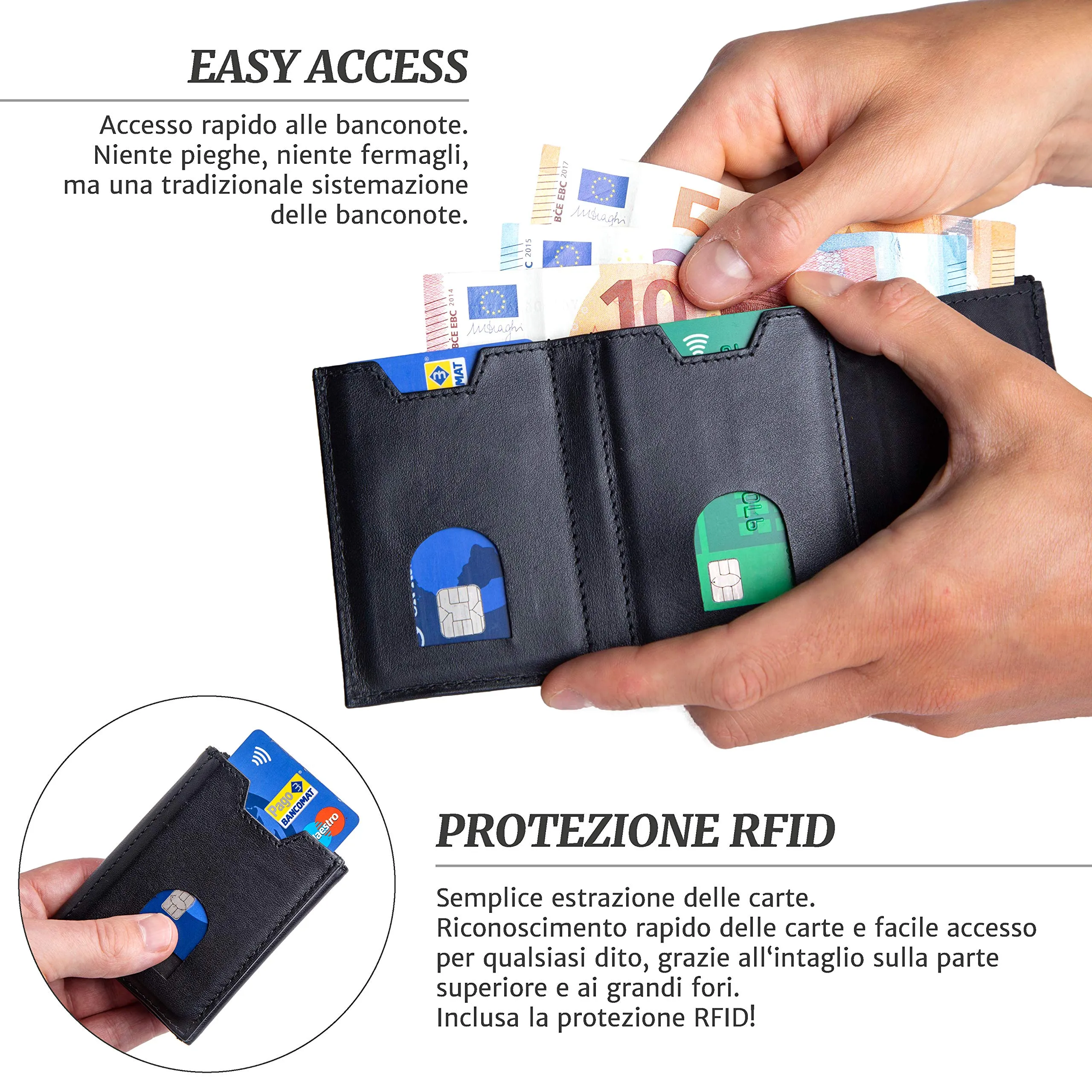 The Good Mate Portafoglio Uomo Slim in Pelle Vera con Portamonete e Protezione RFID - Nero - immagine 5