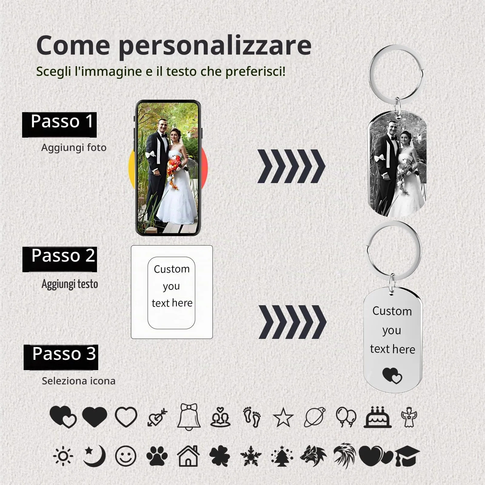 Eiwoty Portachiavi personalizzato con foto e testo, doppia faccia, Argento B - immagine 2