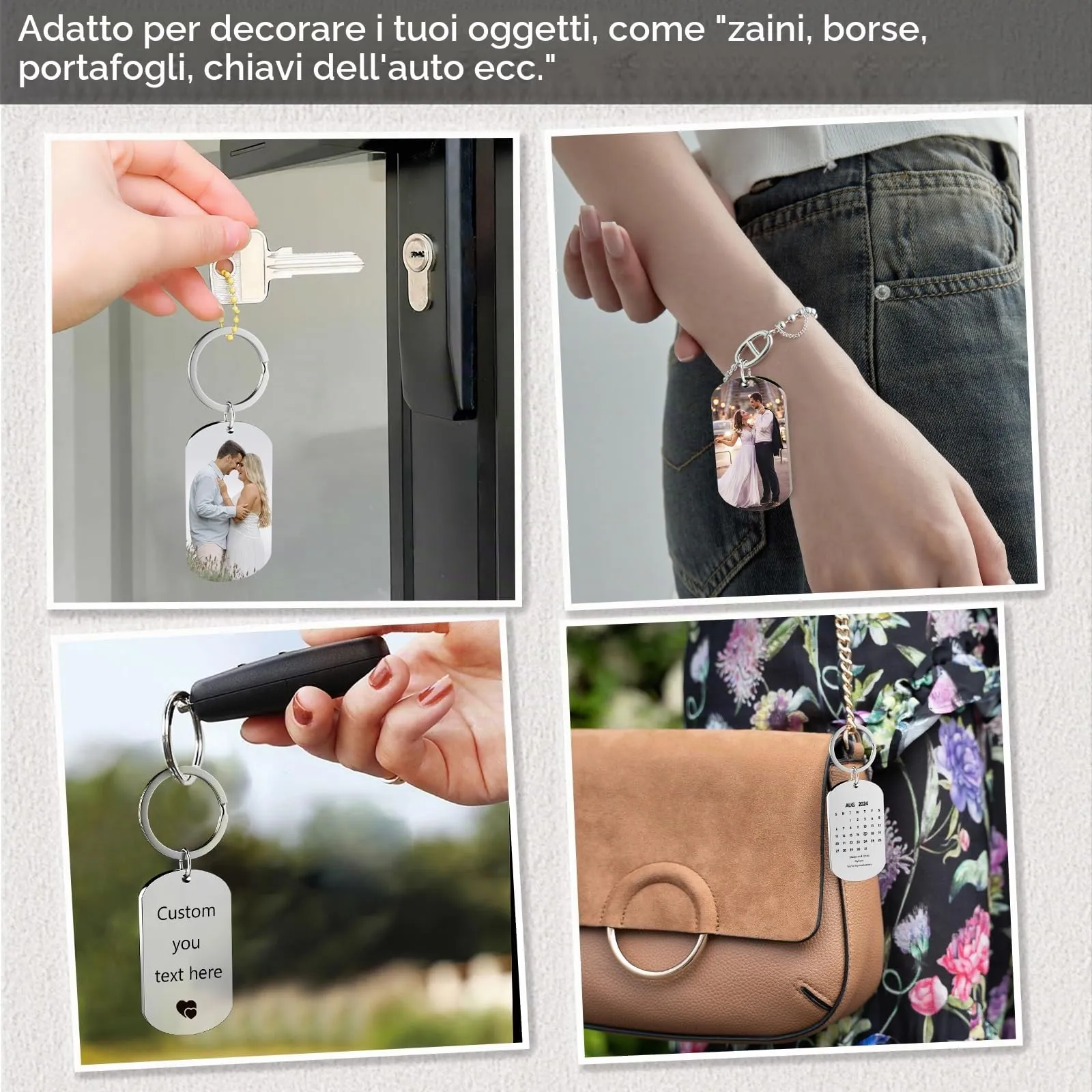 Eiwoty Portachiavi personalizzato con foto e testo, doppia faccia, Argento B - immagine 4