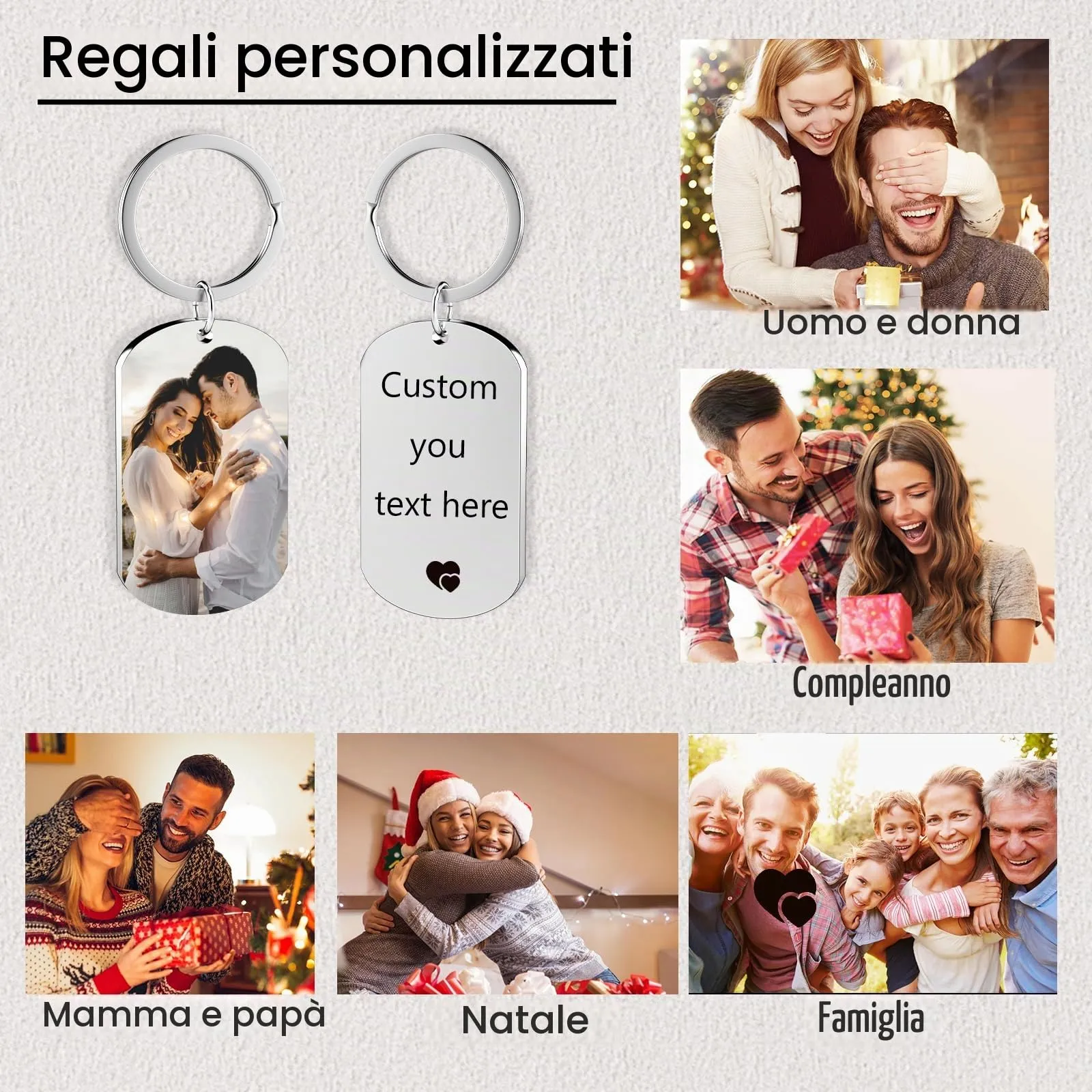Eiwoty Portachiavi personalizzato con foto e testo, doppia faccia, Argento B - immagine 5