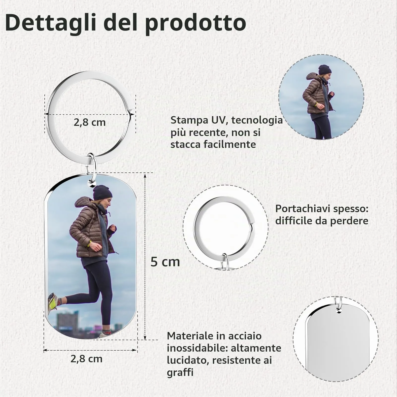 Eiwoty Portachiavi personalizzato con foto e testo, doppia faccia, Argento A - immagine 3