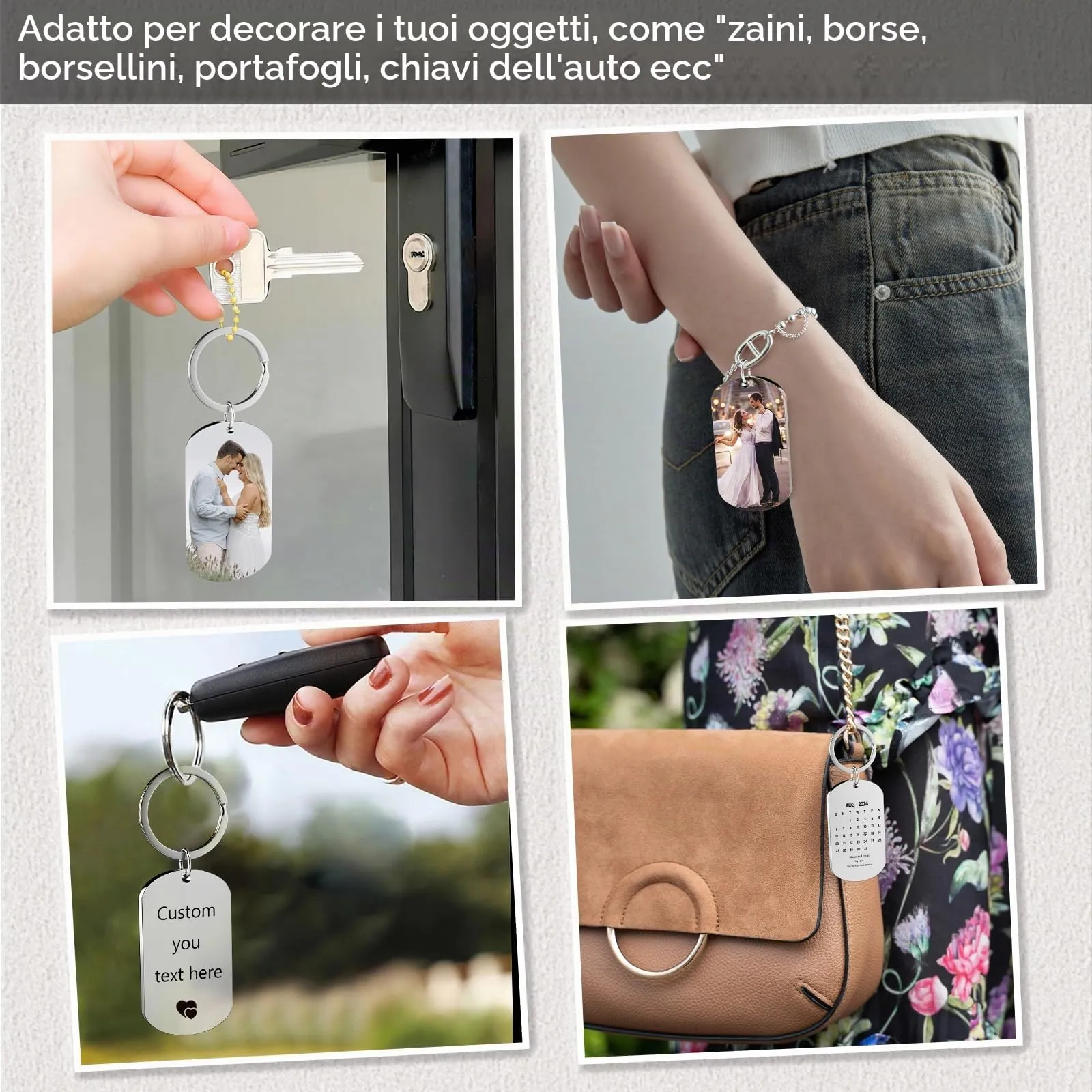 Eiwoty Portachiavi personalizzato con foto e testo, doppia faccia, Argento A - immagine 4