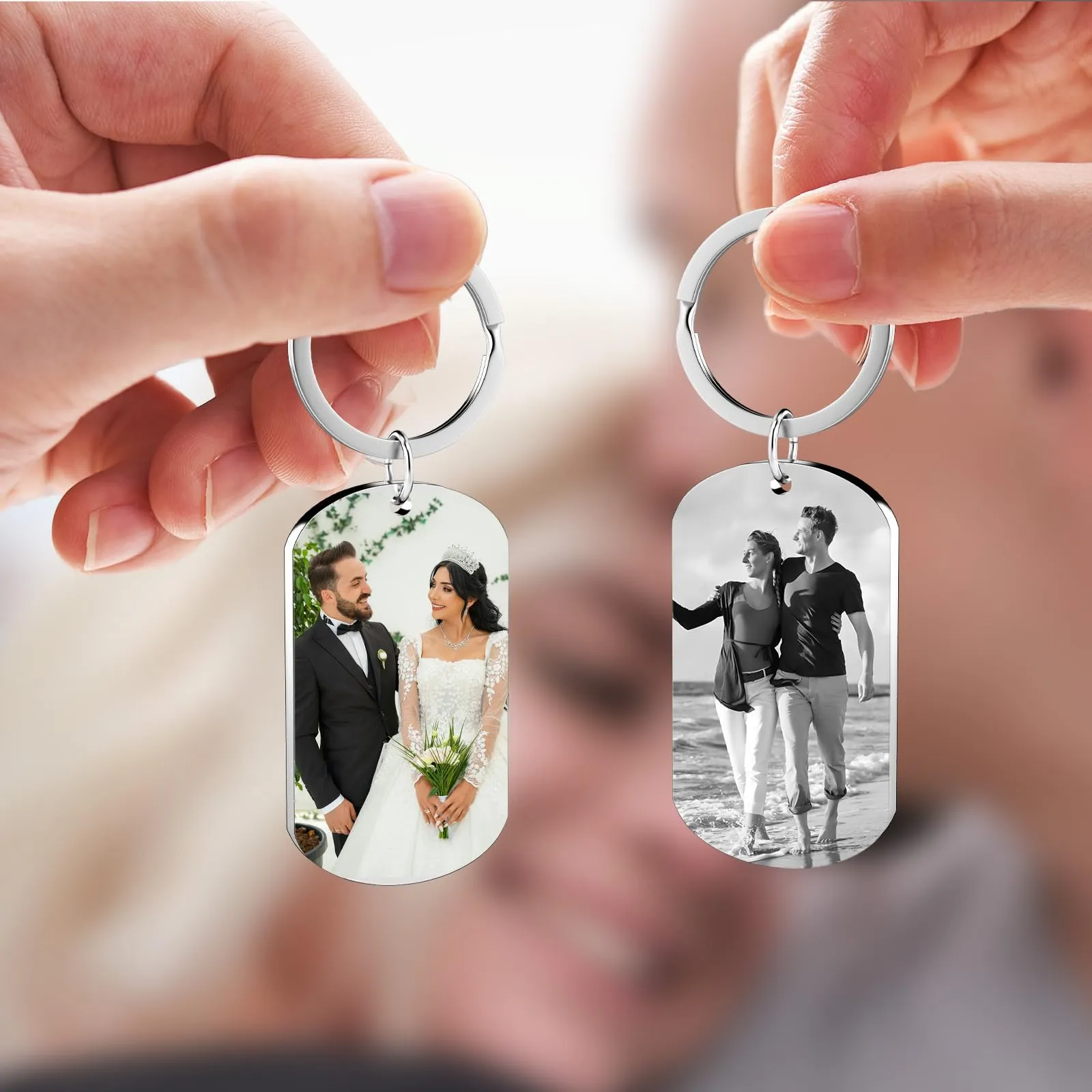 Eiwoty Portachiavi personalizzato con foto e testo, doppia faccia, Argento A - immagine 7
