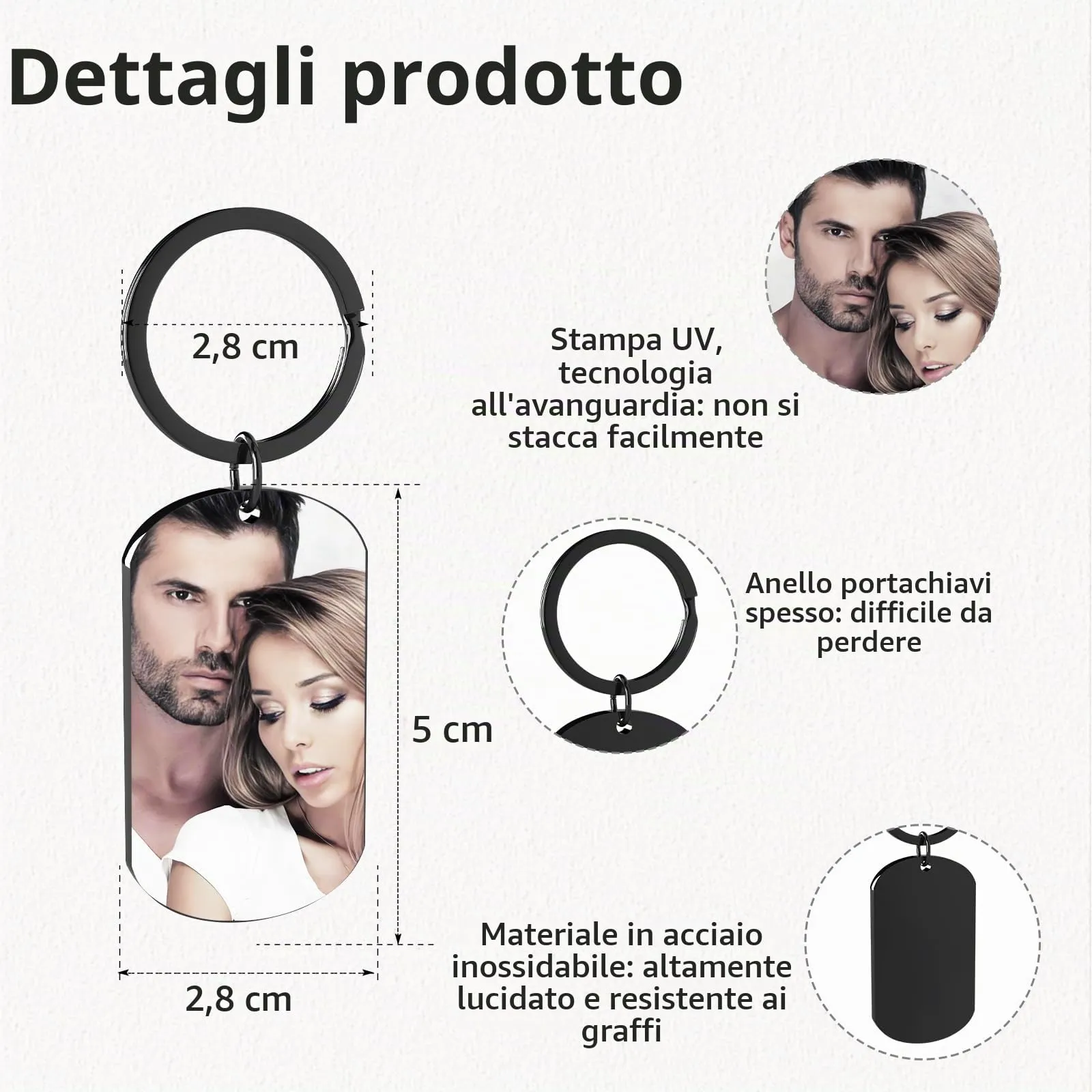 Eiwoty Portachiavi personalizzato con foto e testo doppia faccia, Nero-B - immagine 3