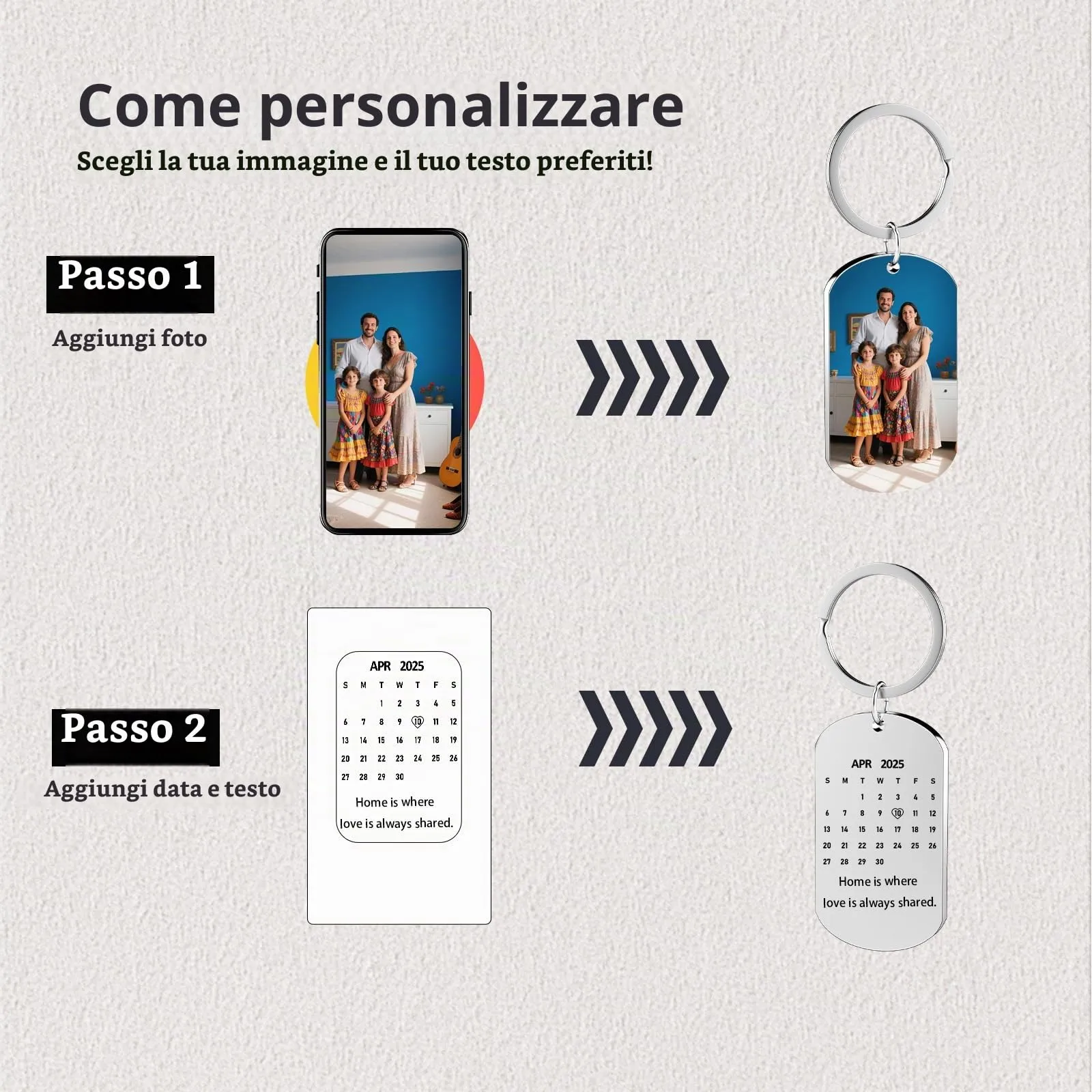 Eiwoty Portachiavi personalizzato con foto e testo, doppia faccia, Argento D - immagine 2