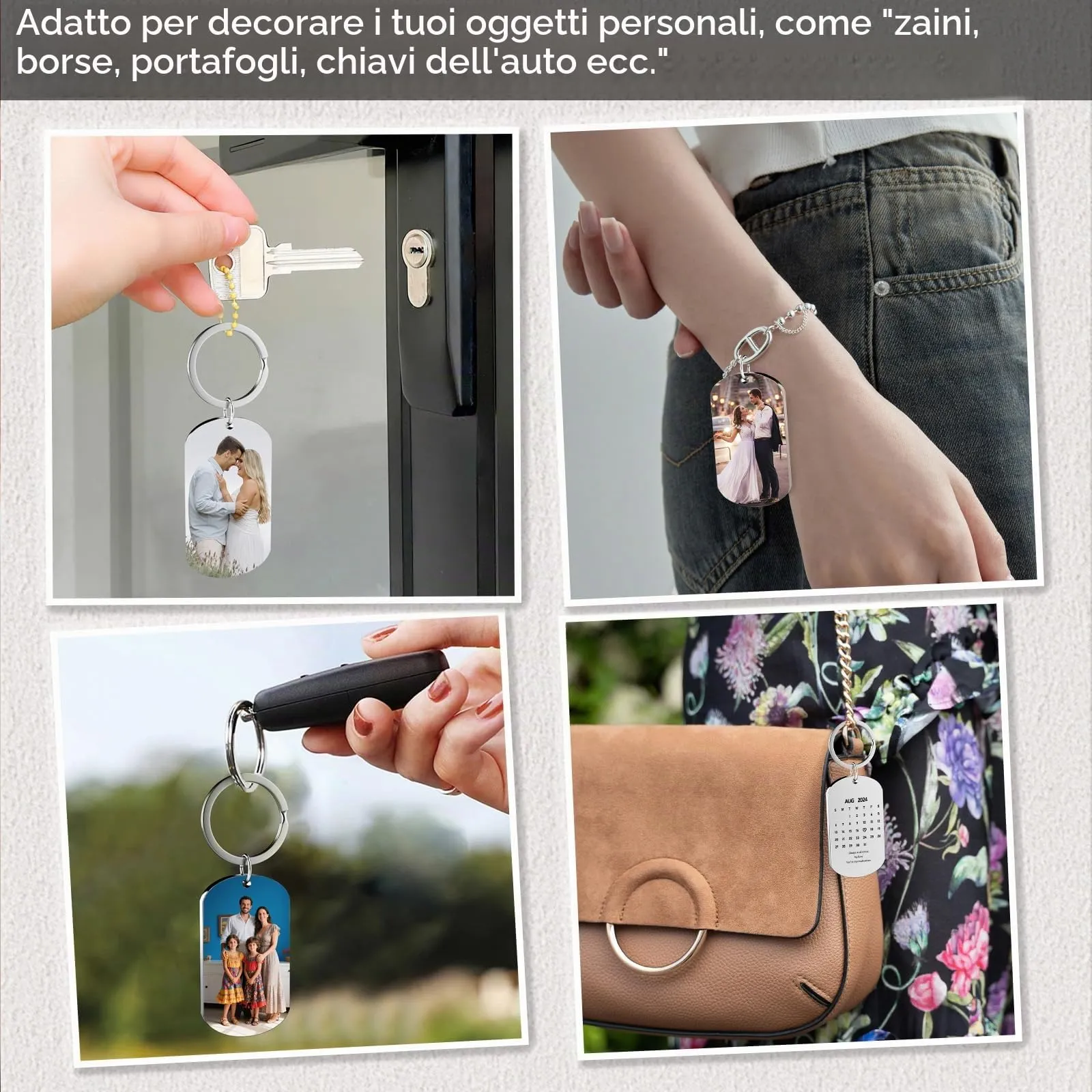 Eiwoty Portachiavi personalizzato con foto e testo, doppia faccia, Argento D - immagine 4