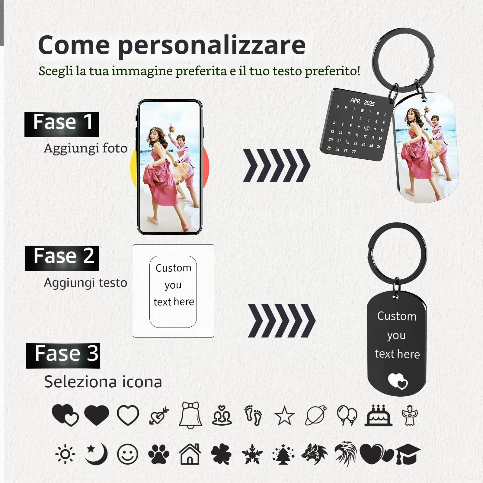 Eiwoty Portachiavi personalizzato con foto e testo, doppia faccia, Nero-e - immagine 2