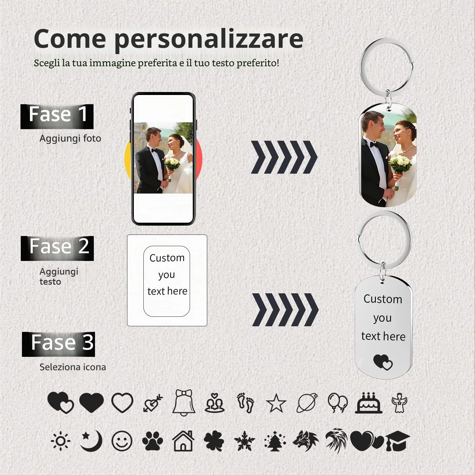 Eiwoty Portachiavi Personalizzato con Foto e Testo, Doppia Faccia, Argento E - immagine 2