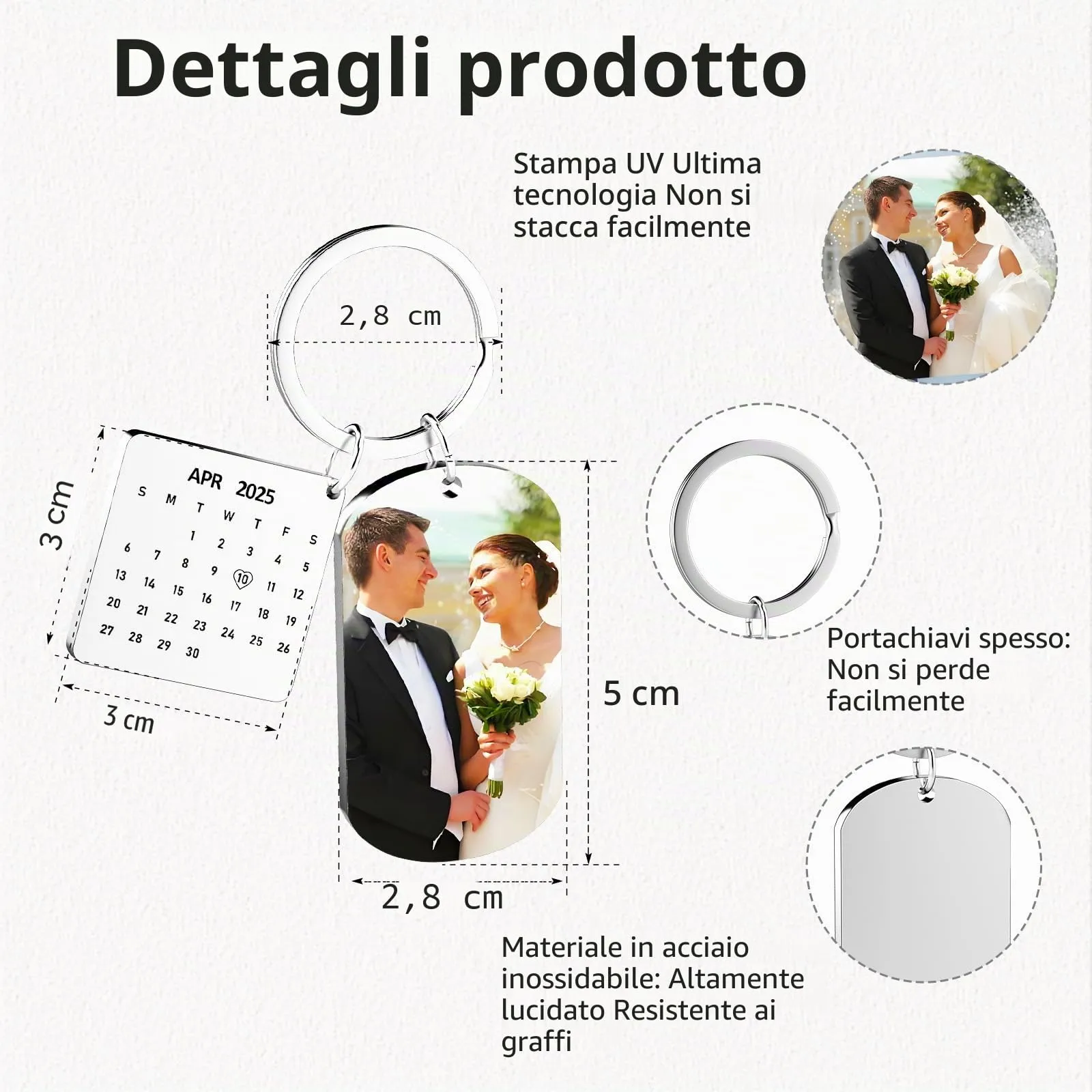Eiwoty Portachiavi Personalizzato con Foto e Testo, Doppia Faccia, Argento E - immagine 3