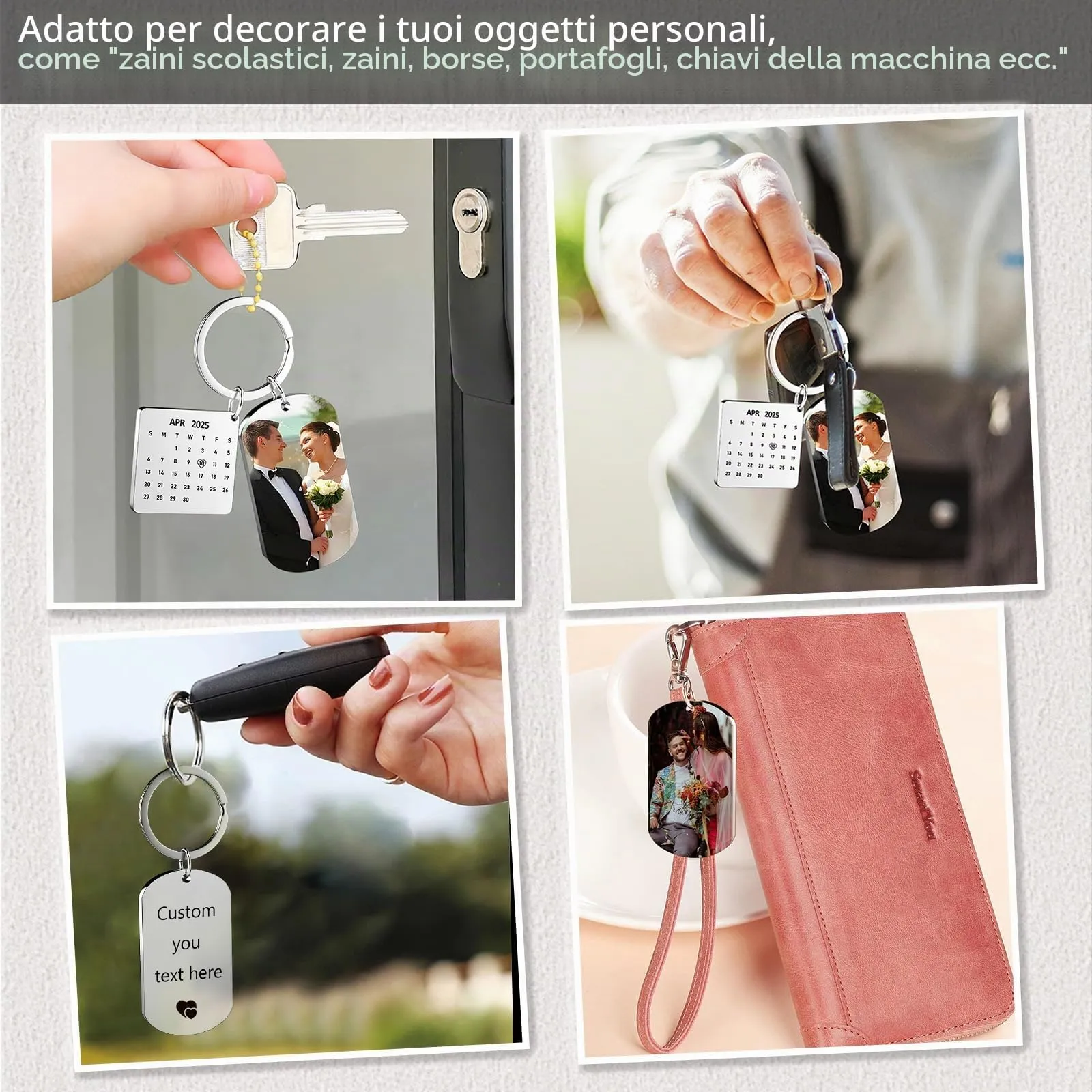 Eiwoty Portachiavi Personalizzato con Foto e Testo, Doppia Faccia, Argento E - immagine 4