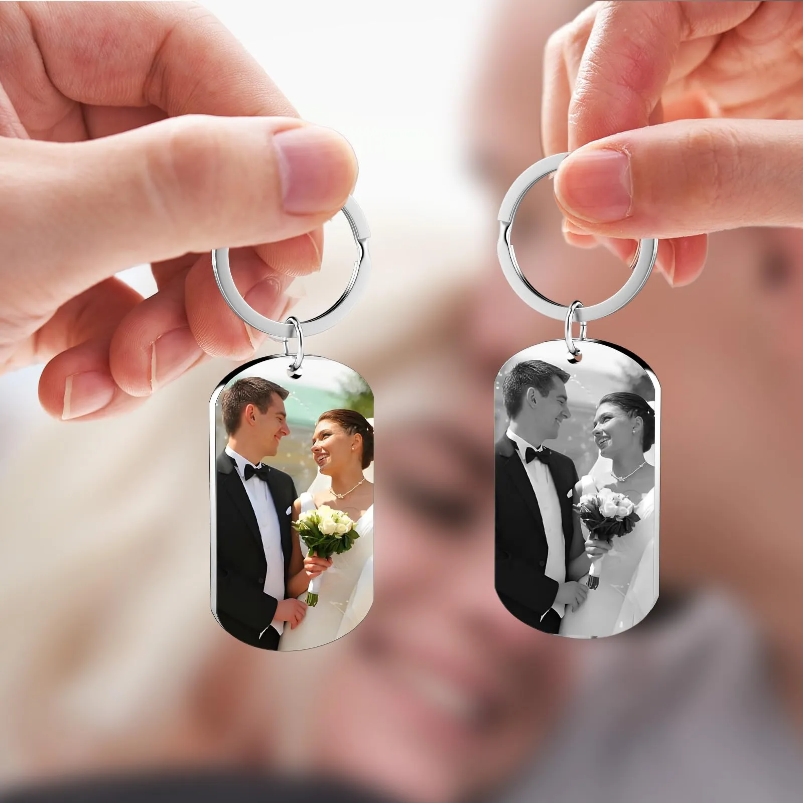 Eiwoty Portachiavi Personalizzato con Foto e Testo, Doppia Faccia, Argento E - immagine 6