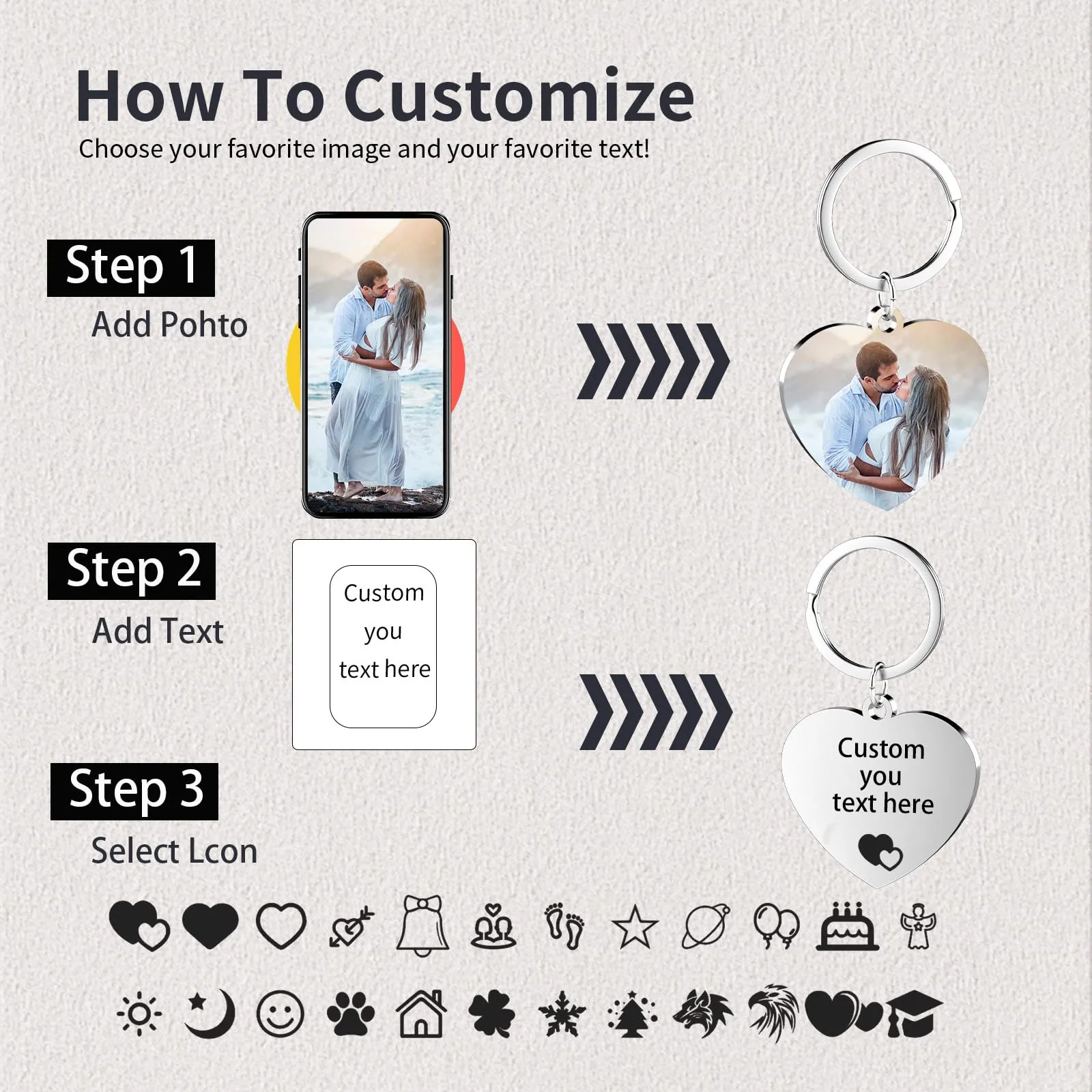 Eiwoty Portachiavi Personalizzato con Foto e Testo, Doppia Faccia, Argento G - immagine 2