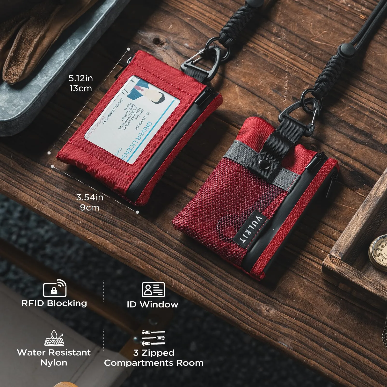 VULKIT Portafoglio Minimalistico con Finestra Identificativa, RFID, Impermeabile con Cerniera (Rosso) - immagine 3