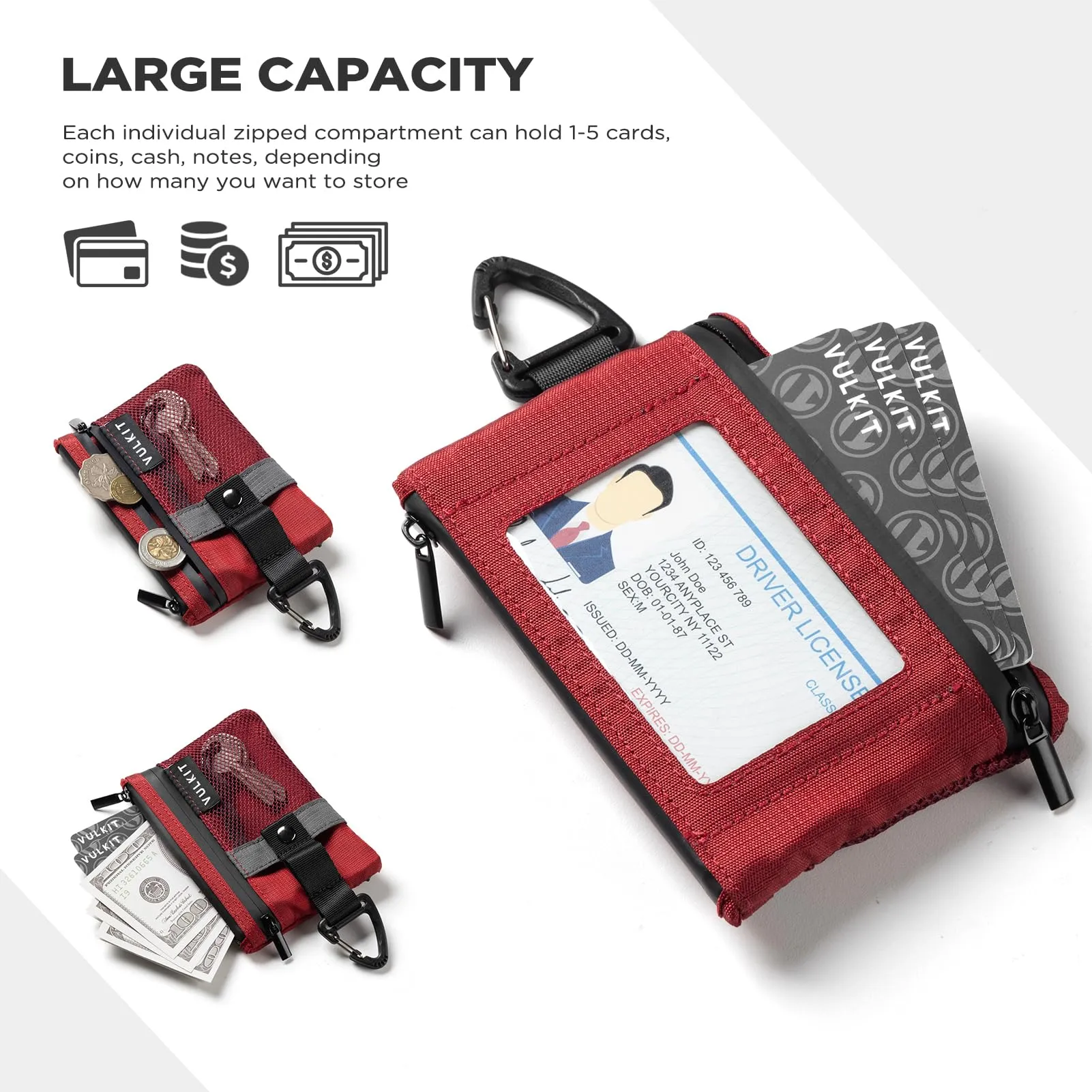 VULKIT Portafoglio Minimalistico con Finestra Identificativa, RFID, Impermeabile con Cerniera (Rosso) - immagine 5