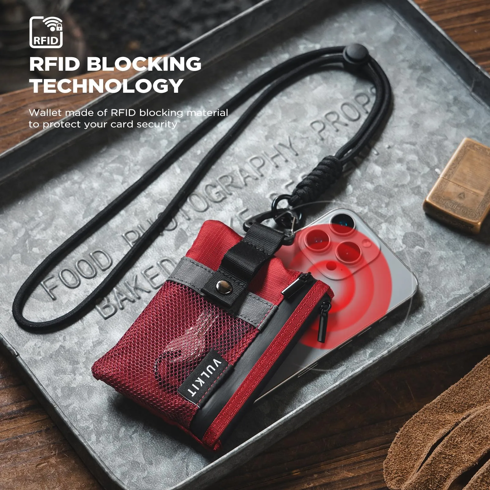 VULKIT Portafoglio Minimalistico con Finestra Identificativa, RFID, Impermeabile con Cerniera (Rosso) - immagine 7