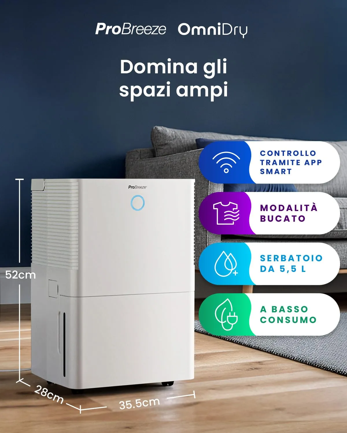 Pro Breeze Deumidificatore 40L WiFi, Copertura 50m², Sensore Umidità Automatico, Display Digitale, Timer 24h - immagine 2