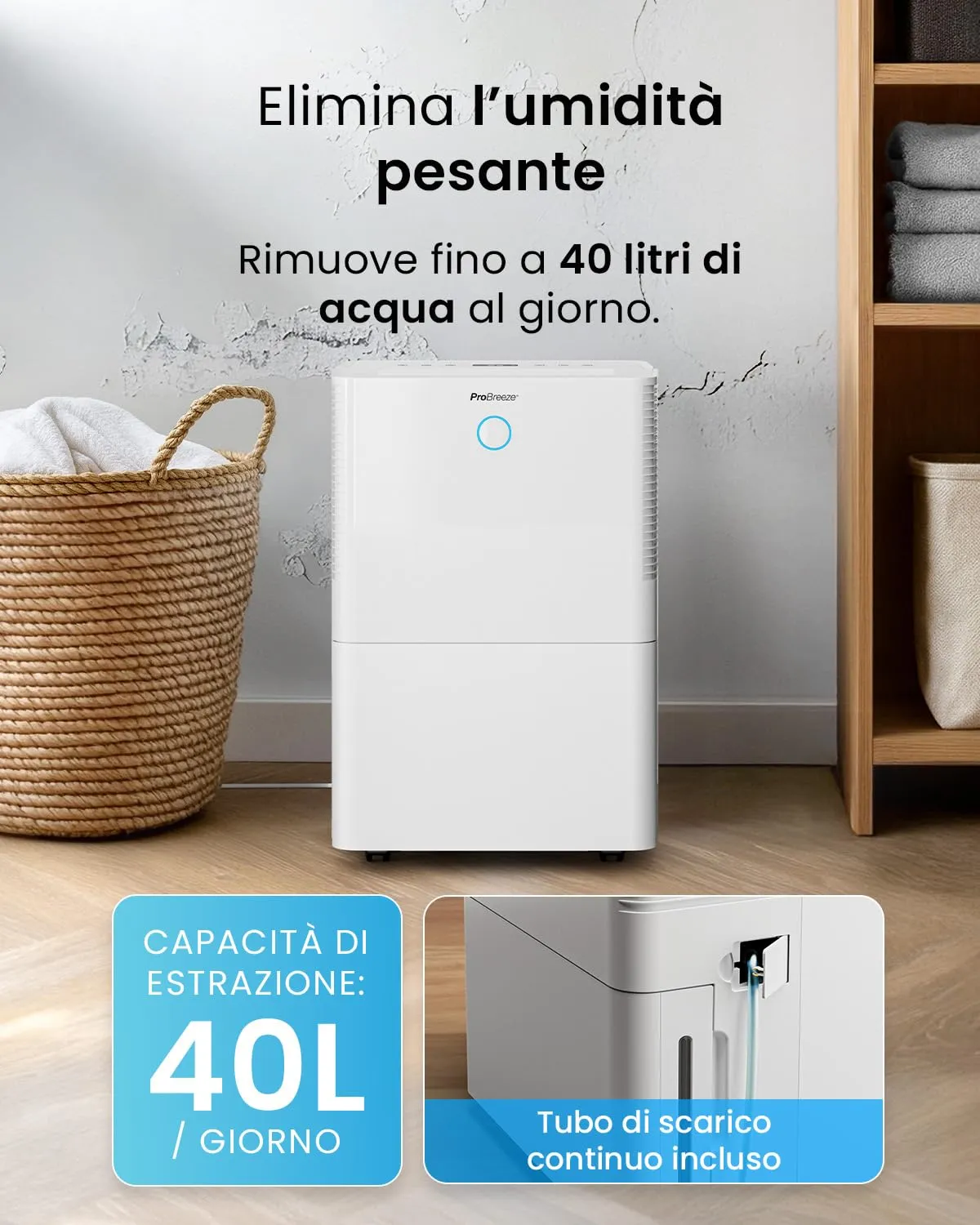 Pro Breeze Deumidificatore 40L WiFi, Copertura 50m², Sensore Umidità Automatico, Display Digitale, Timer 24h - immagine 3