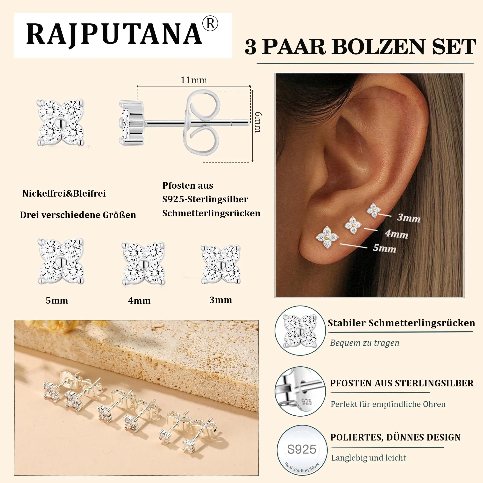 Rajputana Set di 3 Paia di Orecchini a Perno in Argento Sterling 925 con Zirconia Cubica, Stelle, Puntini e Cuori, Ipoallergenici - immagine 4