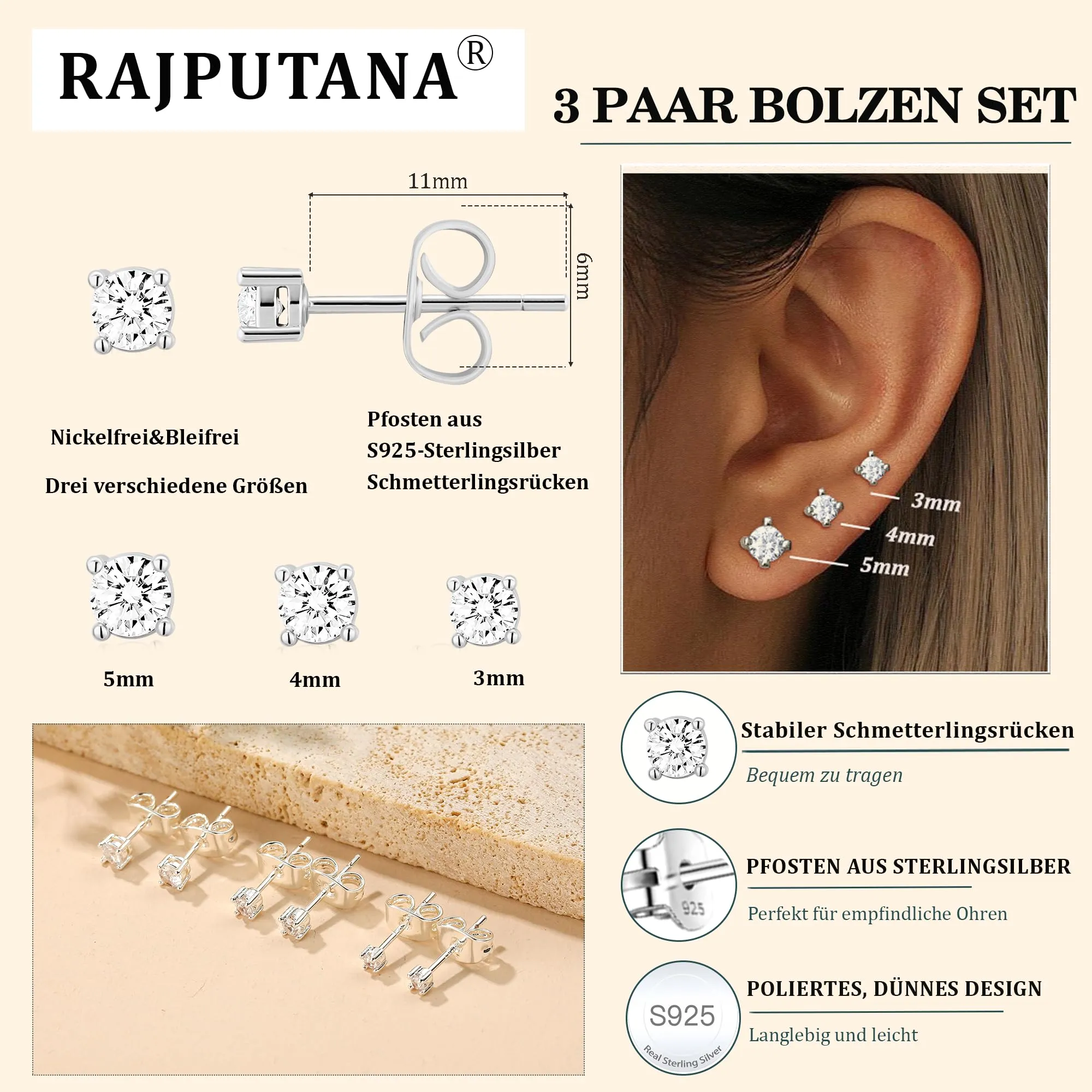 Rajputana Set di 3 Paia di Orecchini a Perno in Argento Sterling 925 con CZ Stelle, Puntini e Cuori, Ipoallergenici, 3mm 4mm 5mm - immagine 3