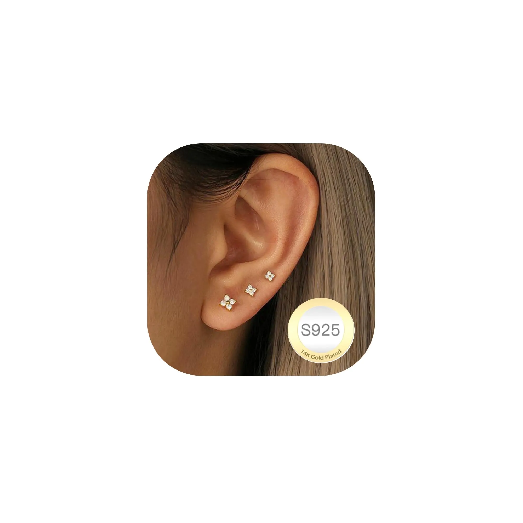 Rajputana Set di 3 Paia di Orecchini a Perno in Argento 925 Placcati Oro 14K con Zirconia Cubica, Stelle, Puntini e Cuori - immagine 1