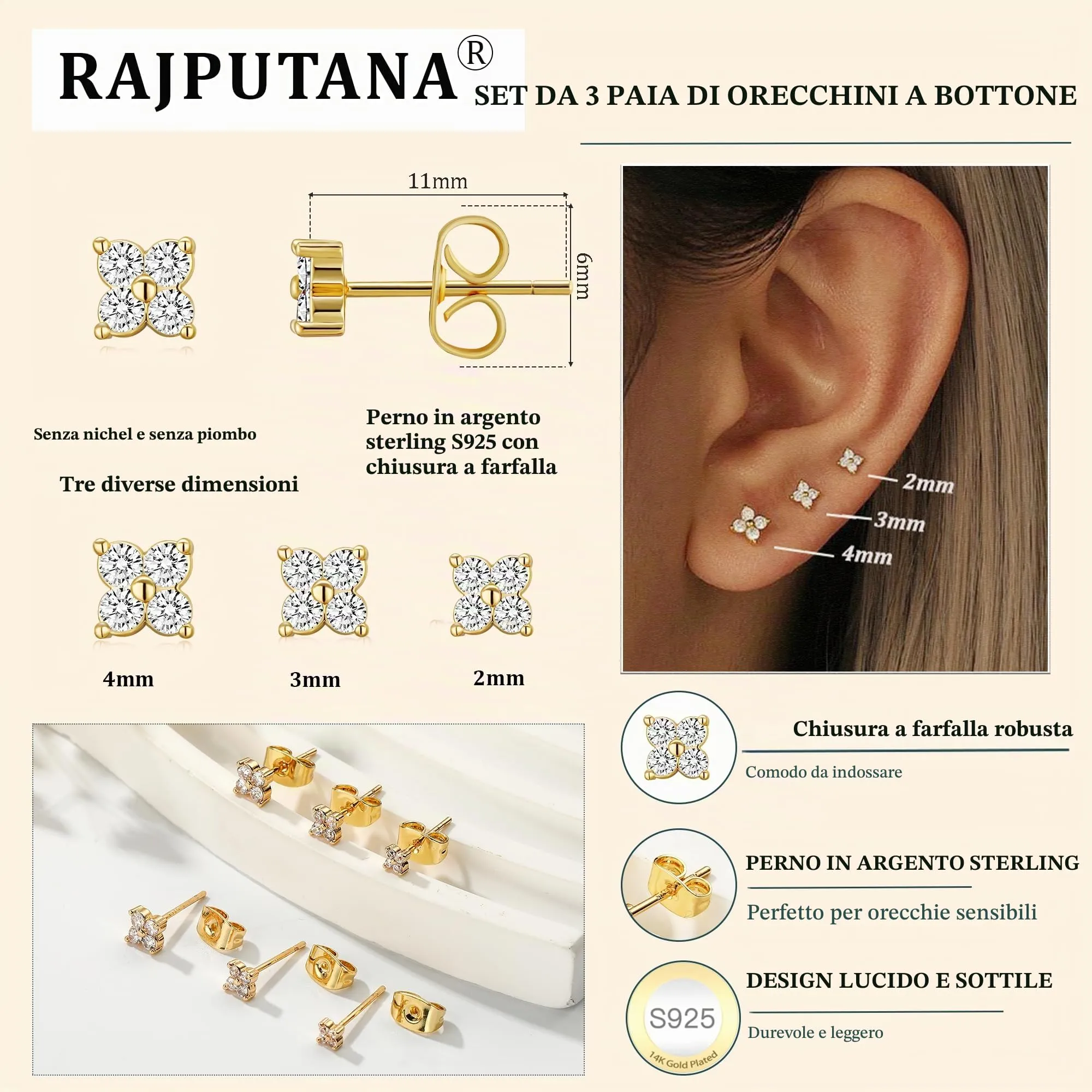 Rajputana Set di 3 Paia di Orecchini a Perno in Argento 925 Placcati Oro 14K con Zirconia Cubica, Stelle, Puntini e Cuori - immagine 4