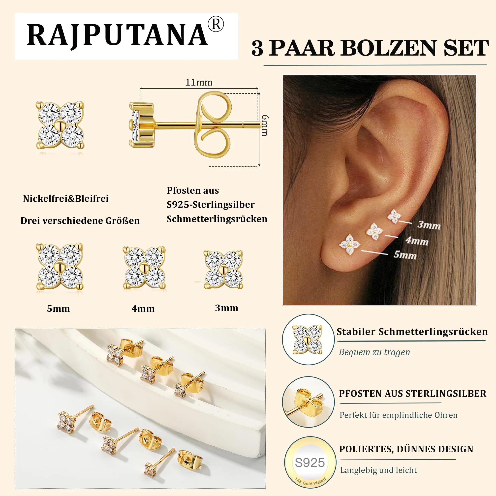 Rajputana Set di 3 Paia di Orecchini a Perno in Argento 925 Placcati Oro 14K con Zirconia CZ, Stelle e Cuori - immagine 4