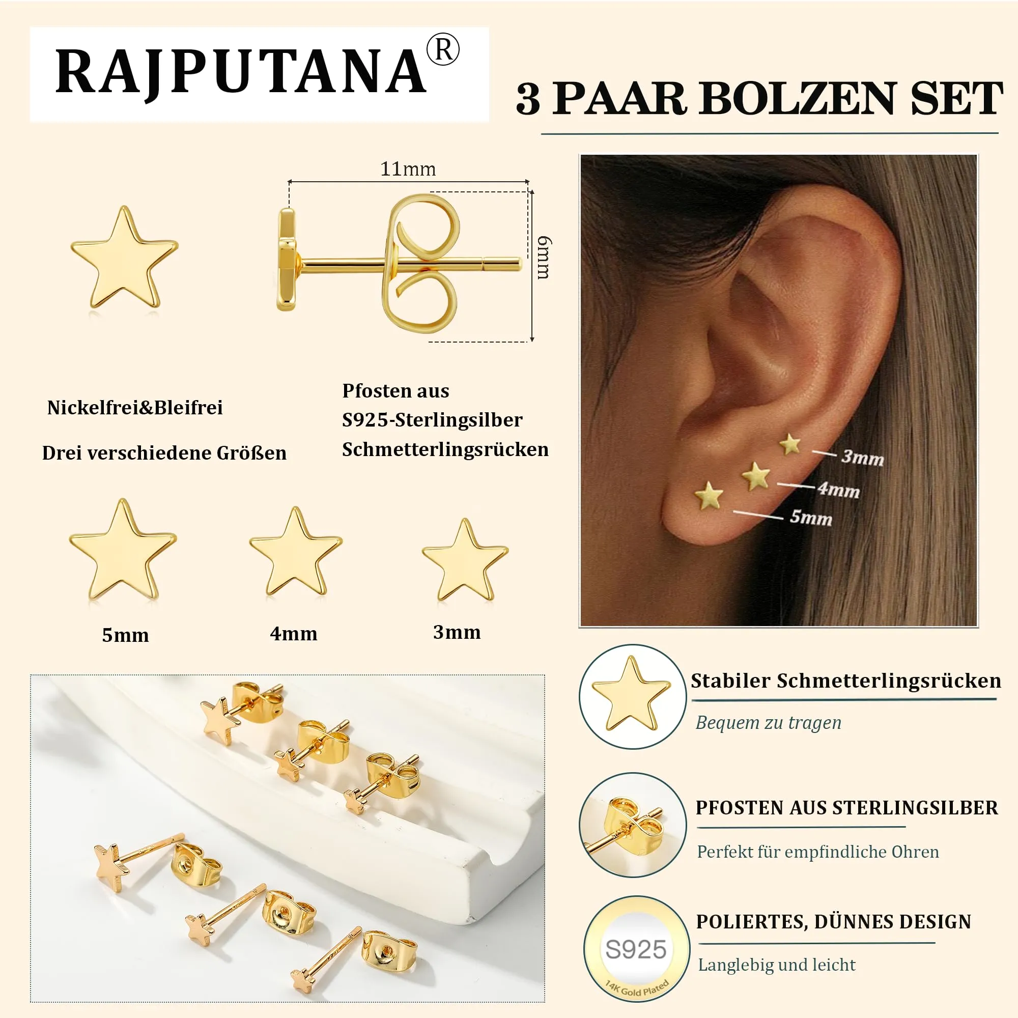 Rajputana Set di 3 Paia di Orecchini a Perno in Argento 925 Placcati Oro 14K con Zirconia CZ, Stelle e Cuori, 3mm 4mm 5mm - immagine 4