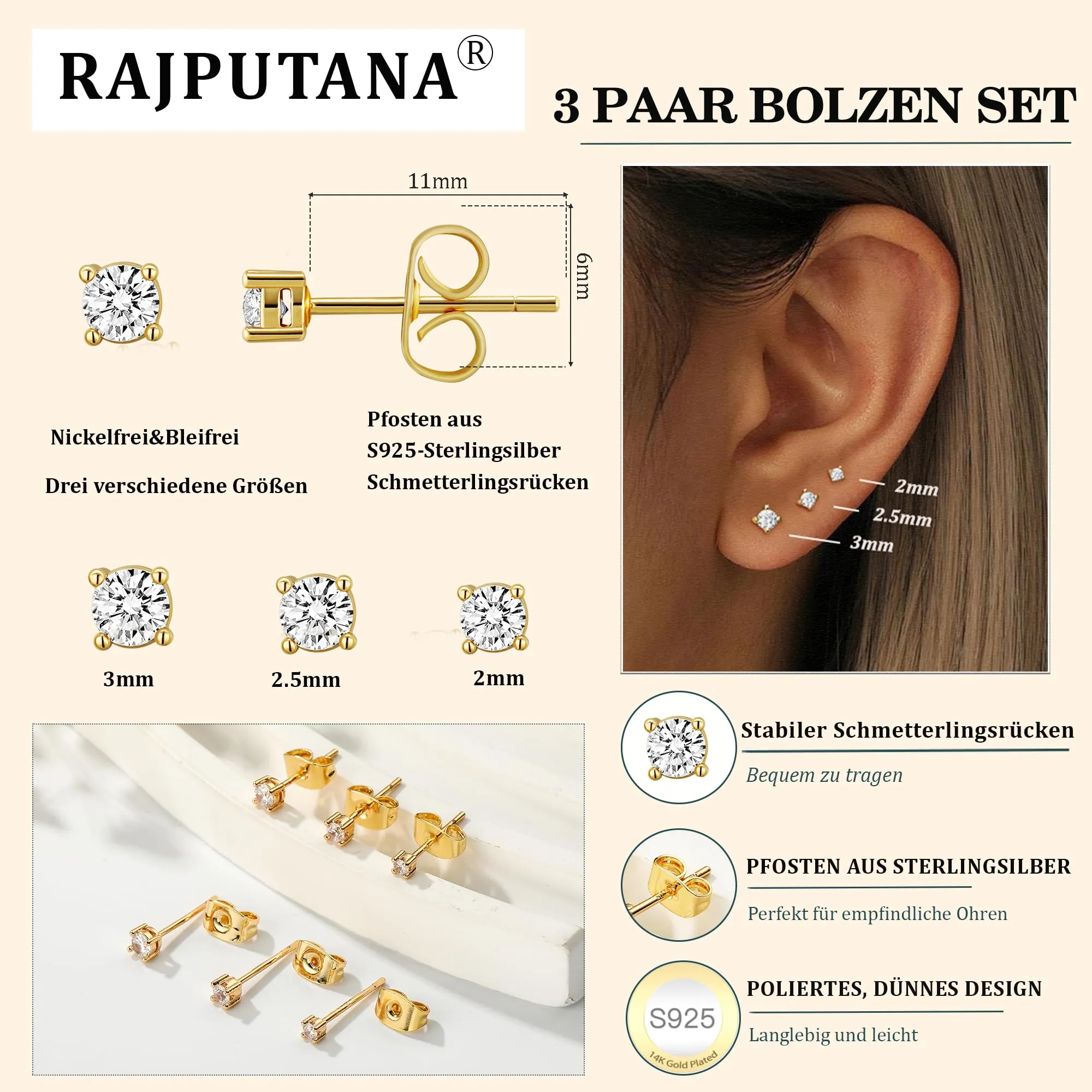 Rajputana Set di 3 paia di orecchini a perno in Argento 925 placcati Oro 14K con Zirconia CZ, stelle e cuori - immagine 4