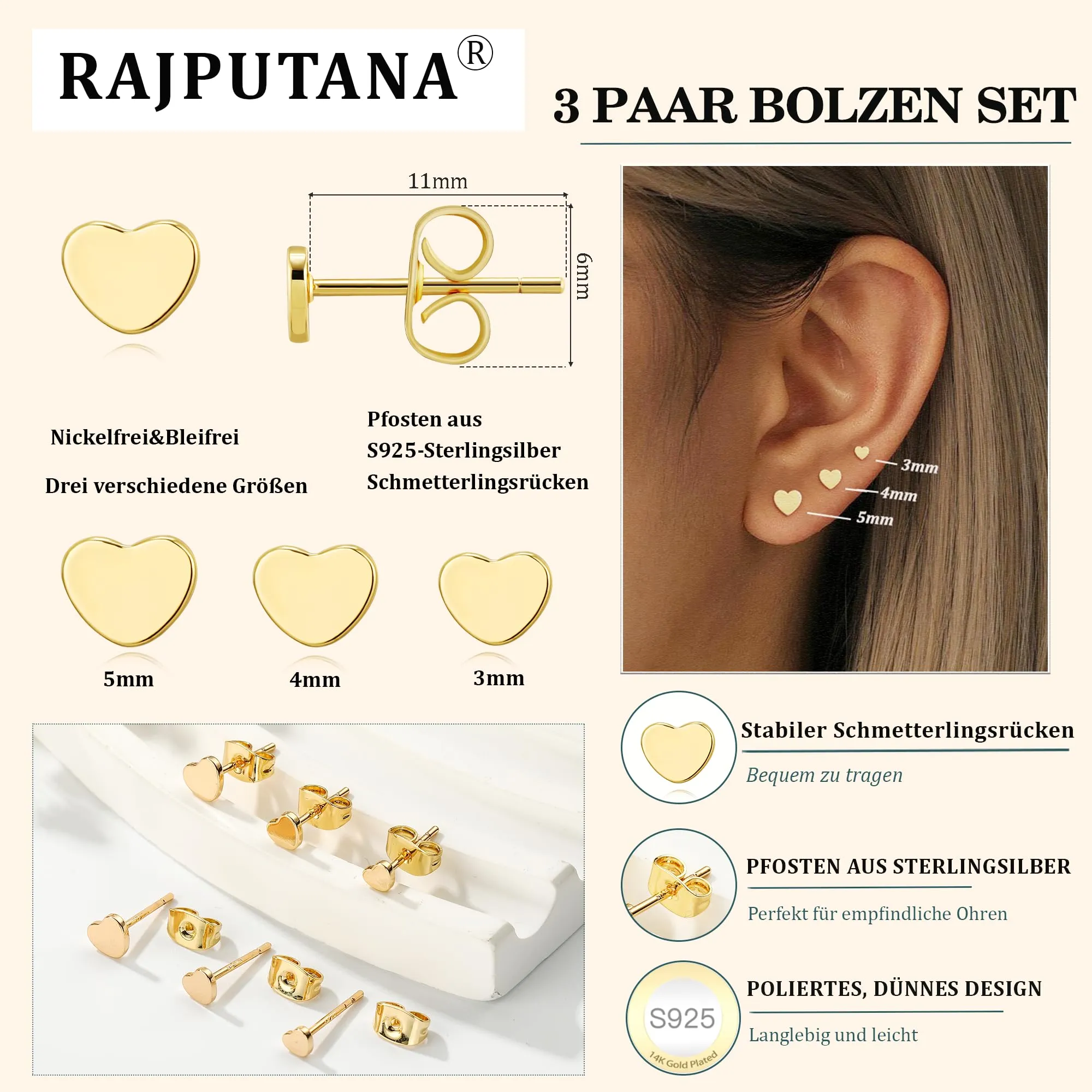 Rajputana Set di 3 paia di orecchini a perno in argento 925 placcati oro 14K con Zirconia CZ, cuori, stelle e puntini - immagine 4