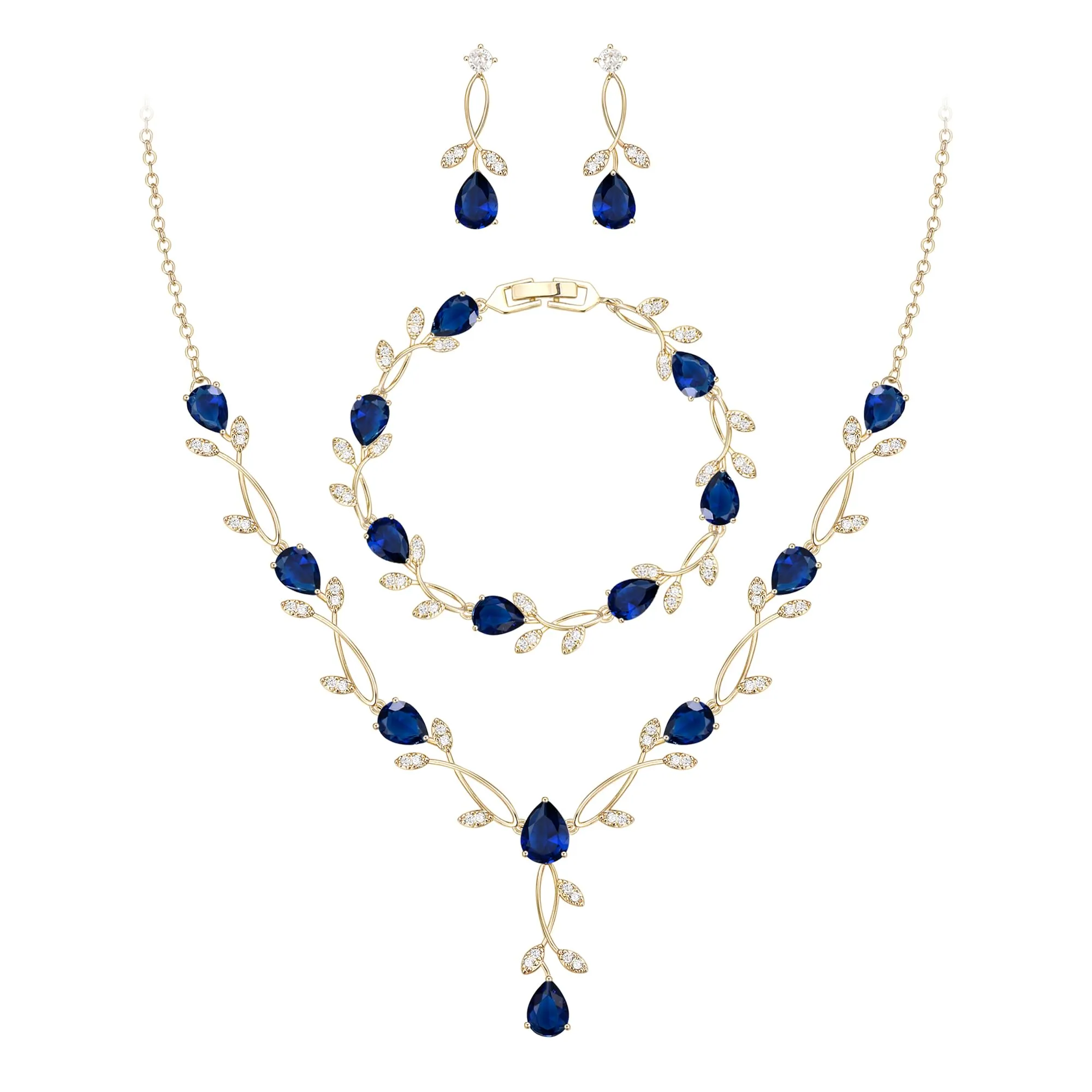 EVER FAITH Set di Gioielli da Sposa in Zirconia Cubica a Goccia e Foglia di Vite, Collana, Orecchini e Bracciale, 45cm-49.5cm - immagine 1