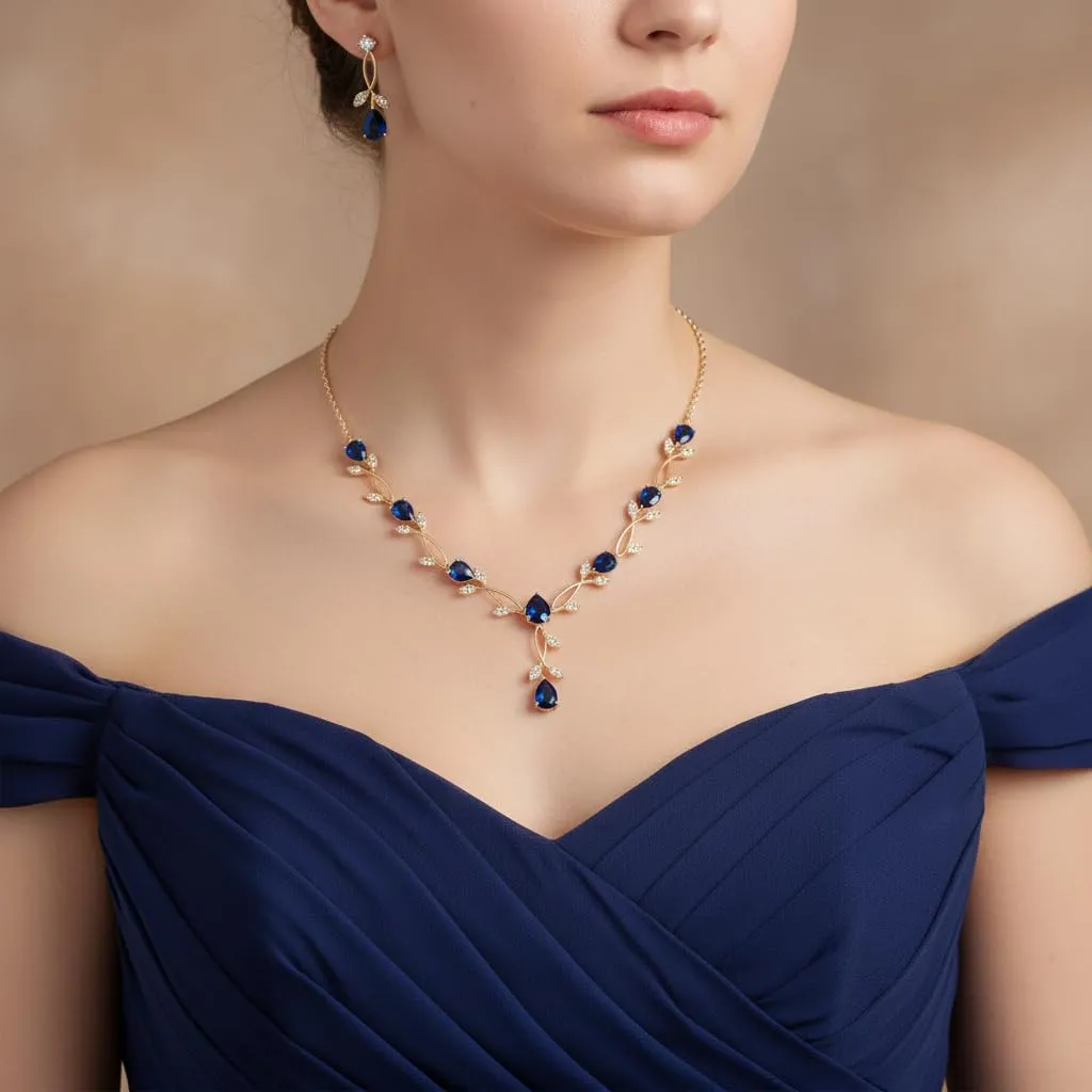 EVER FAITH Set di Gioielli da Sposa in Zirconia Cubica a Goccia e Foglia di Vite, Collana, Orecchini e Bracciale, 45cm-49.5cm - immagine 2