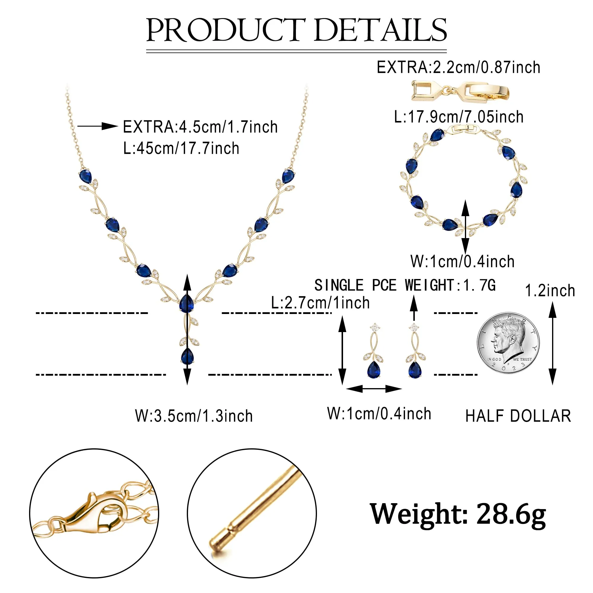 EVER FAITH Set di Gioielli da Sposa in Zirconia Cubica a Goccia e Foglia di Vite, Collana, Orecchini e Bracciale, 45cm-49.5cm - immagine 4