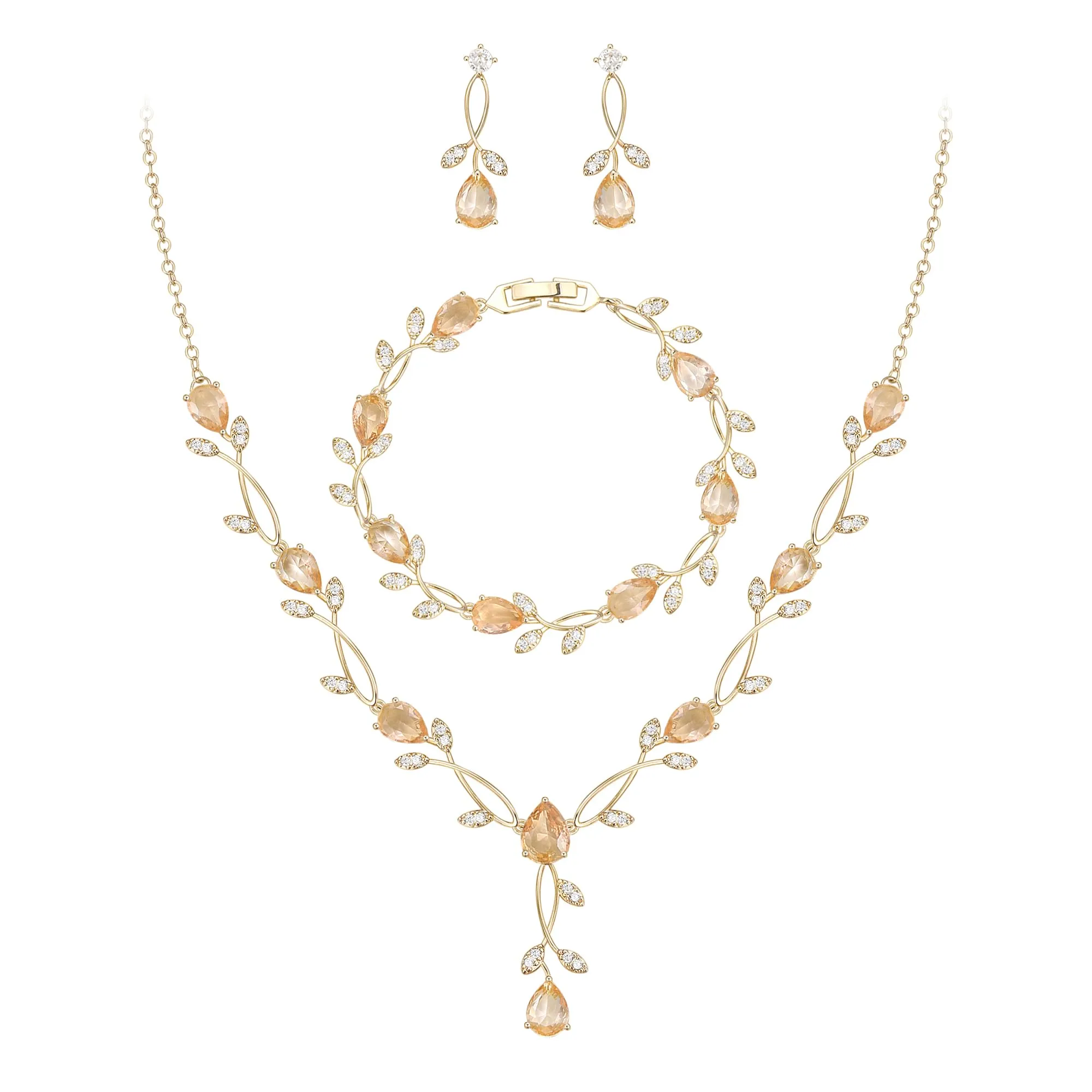 EVER FAITH Set di Gioielli da Sposa Teardrop Cubic Zirconia Foglia di Vite con Collana, Orecchini e Bracciale - immagine 1