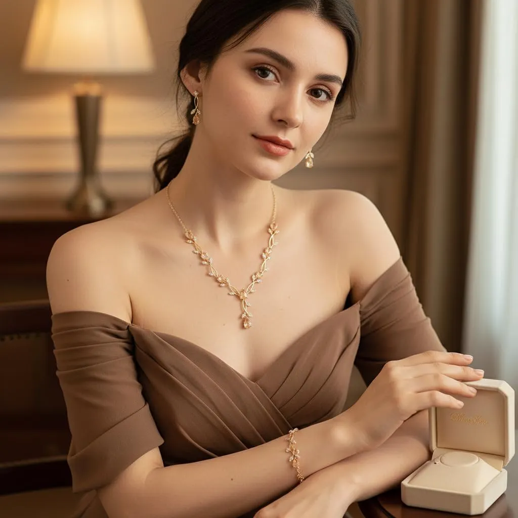 EVER FAITH Set di Gioielli da Sposa Teardrop Cubic Zirconia Foglia di Vite con Collana, Orecchini e Bracciale - immagine 2