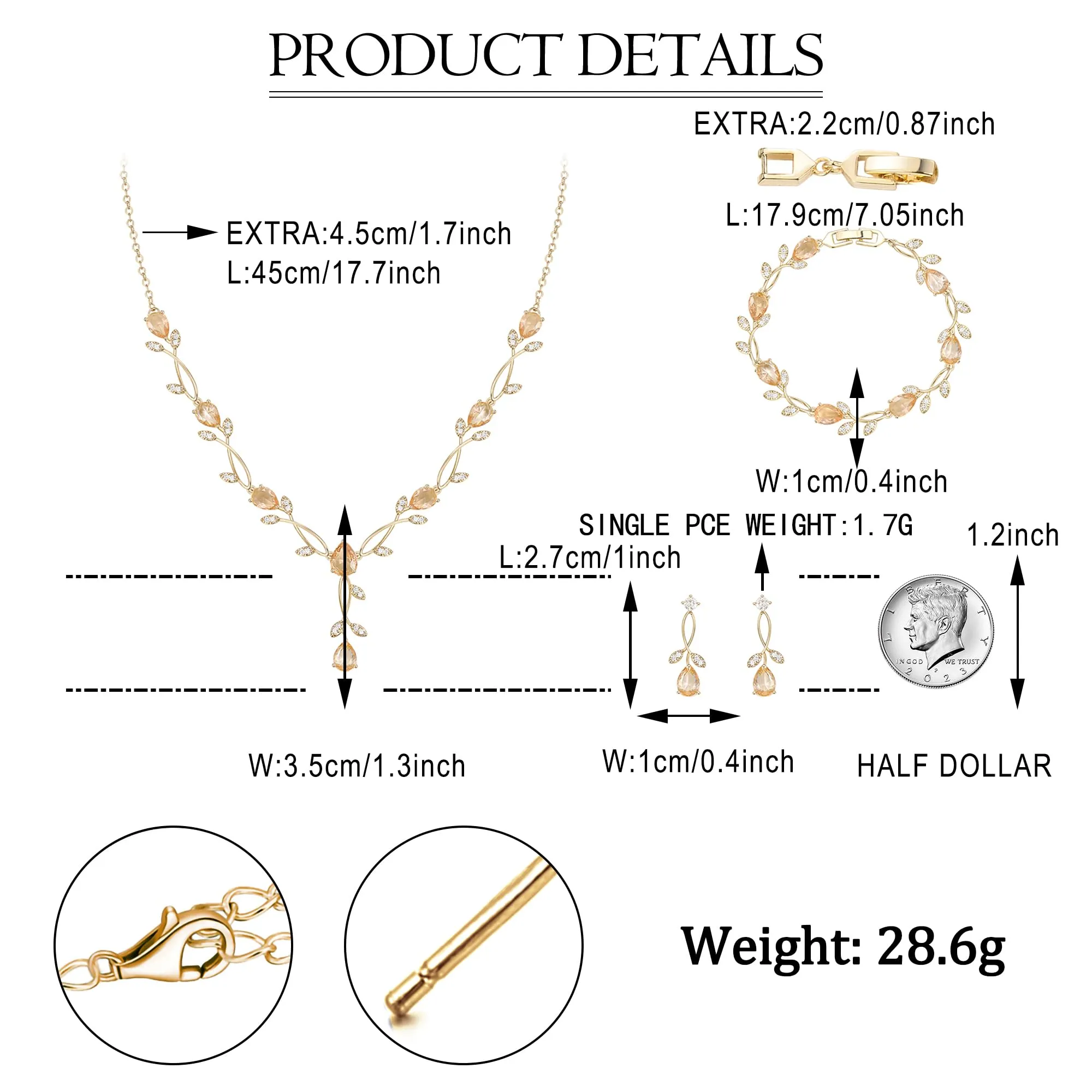 EVER FAITH Set di Gioielli da Sposa Teardrop Cubic Zirconia Foglia di Vite con Collana, Orecchini e Bracciale - immagine 4