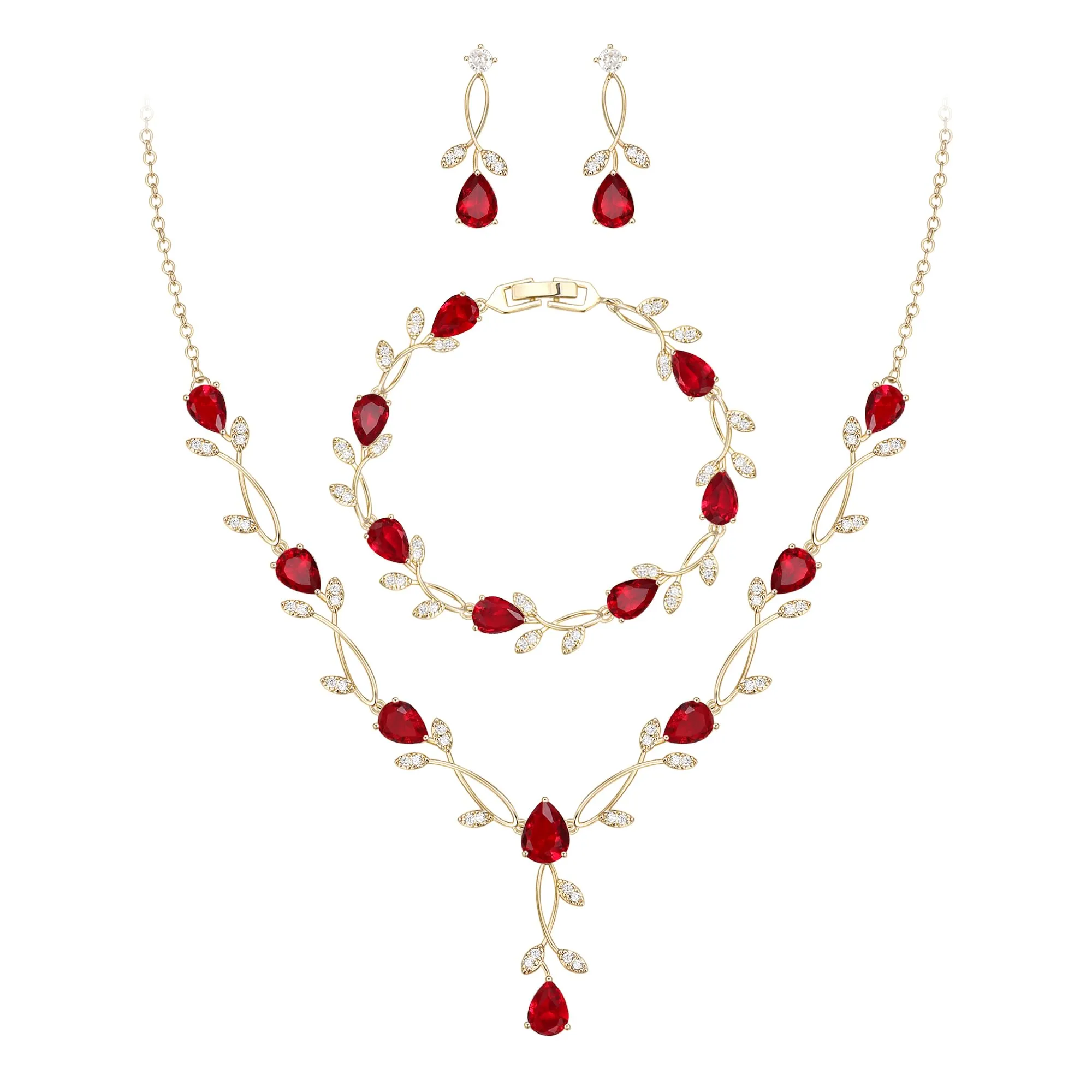 EVER FAITH Set di gioielli da sposa Teardrop Cubic Zirconia foglia di vite, collana, orecchini e bracciale per donna - immagine 1