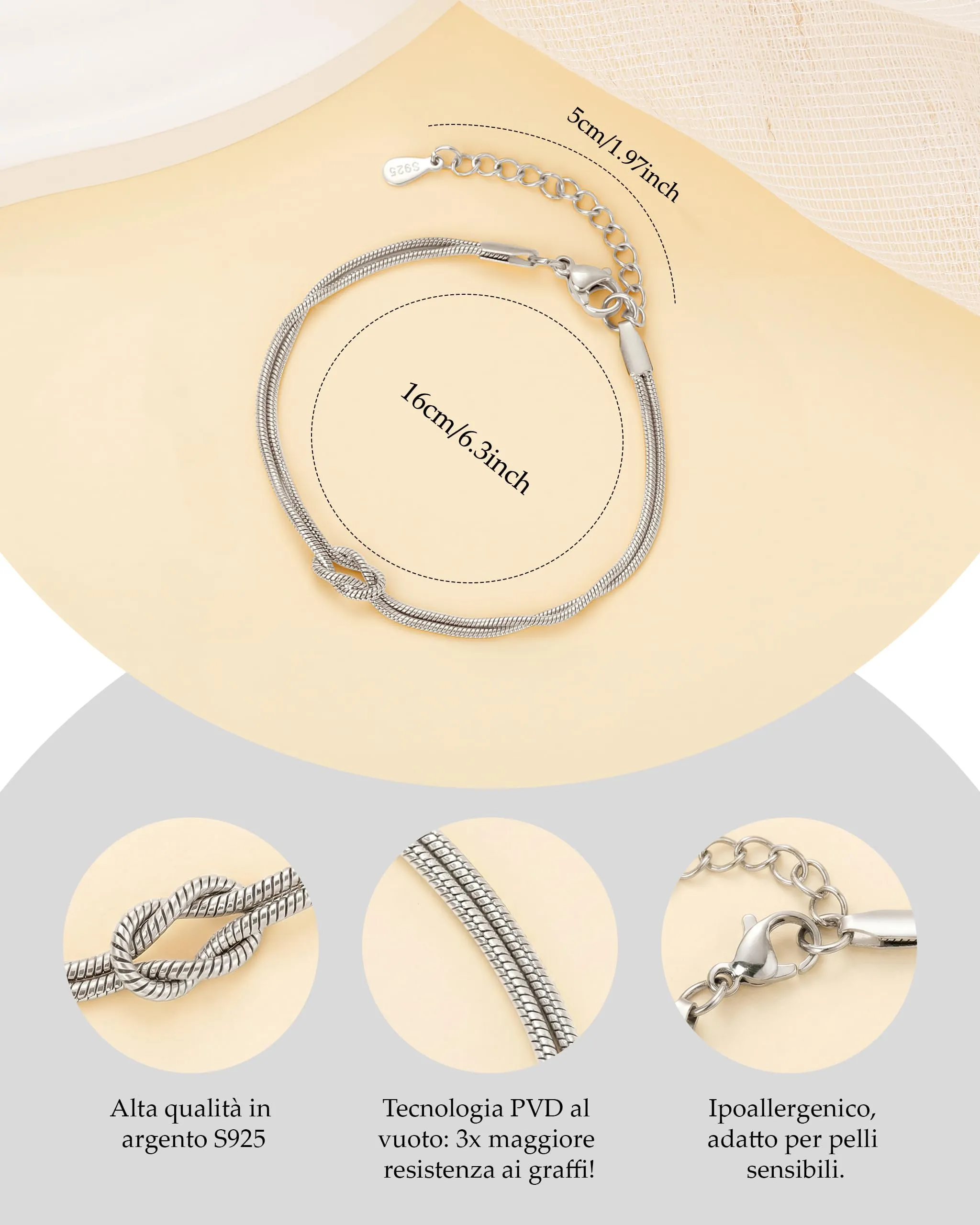J.Fée Bracciale Nodo d'Amore in Argento 925 per Coppia e Amicizia, 21cm - immagine 5