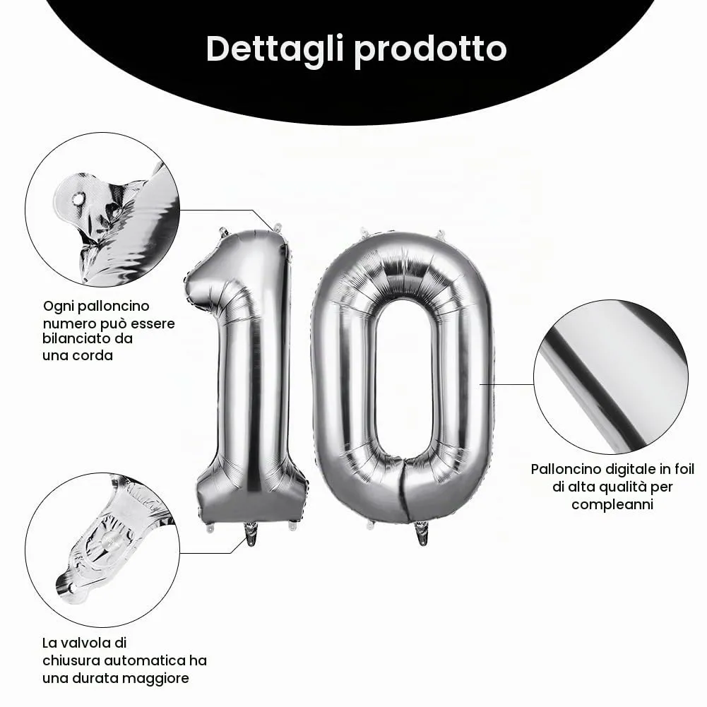 OFFCUP Palloncini Compleanno Argento 101 cm, Numero 10 - immagine 3