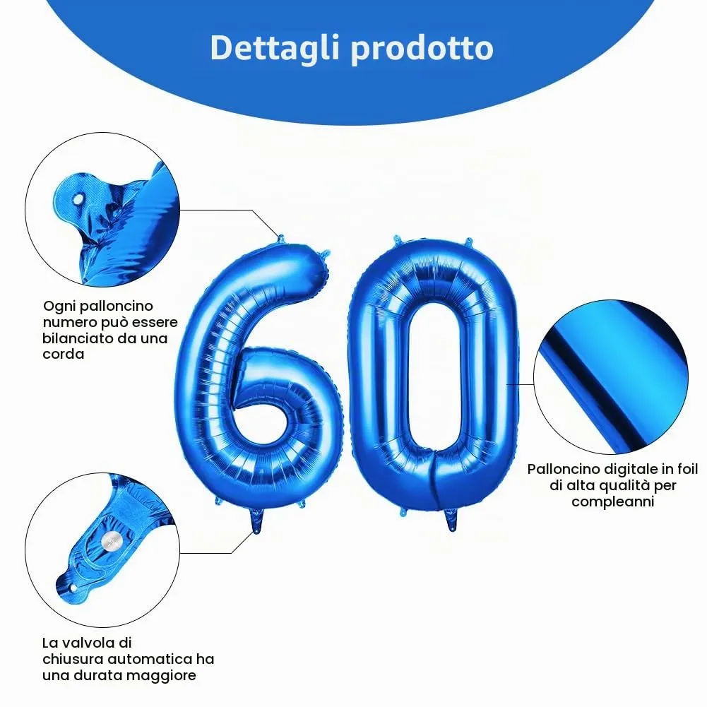 OFFCUP Palloncini Compleanno Blu 101 cm, Numero 60 - immagine 3