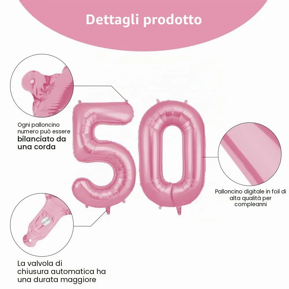 OFFCUP Palloncini Compleanno Rosa 101 cm, Numero 50 - immagine 3