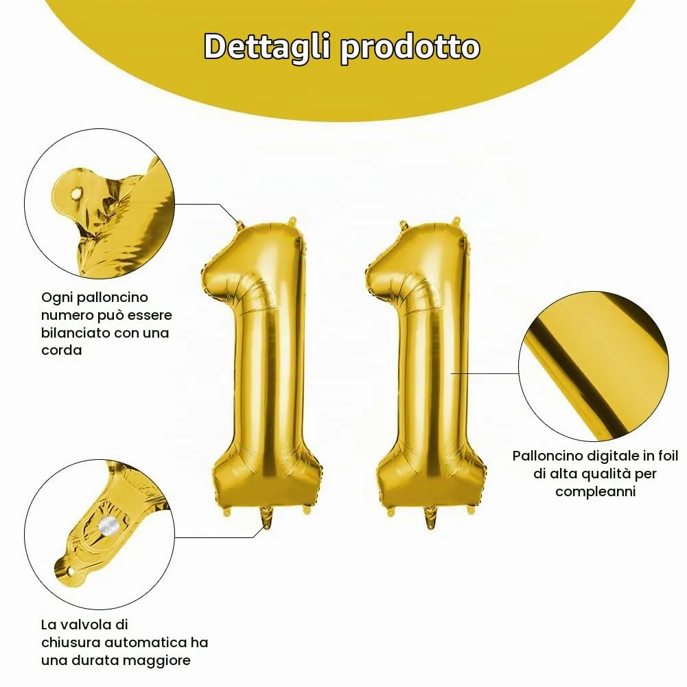 OFFCUP Palloncini Compleanno Oro 101 cm, Numero 11, Foil - immagine 3