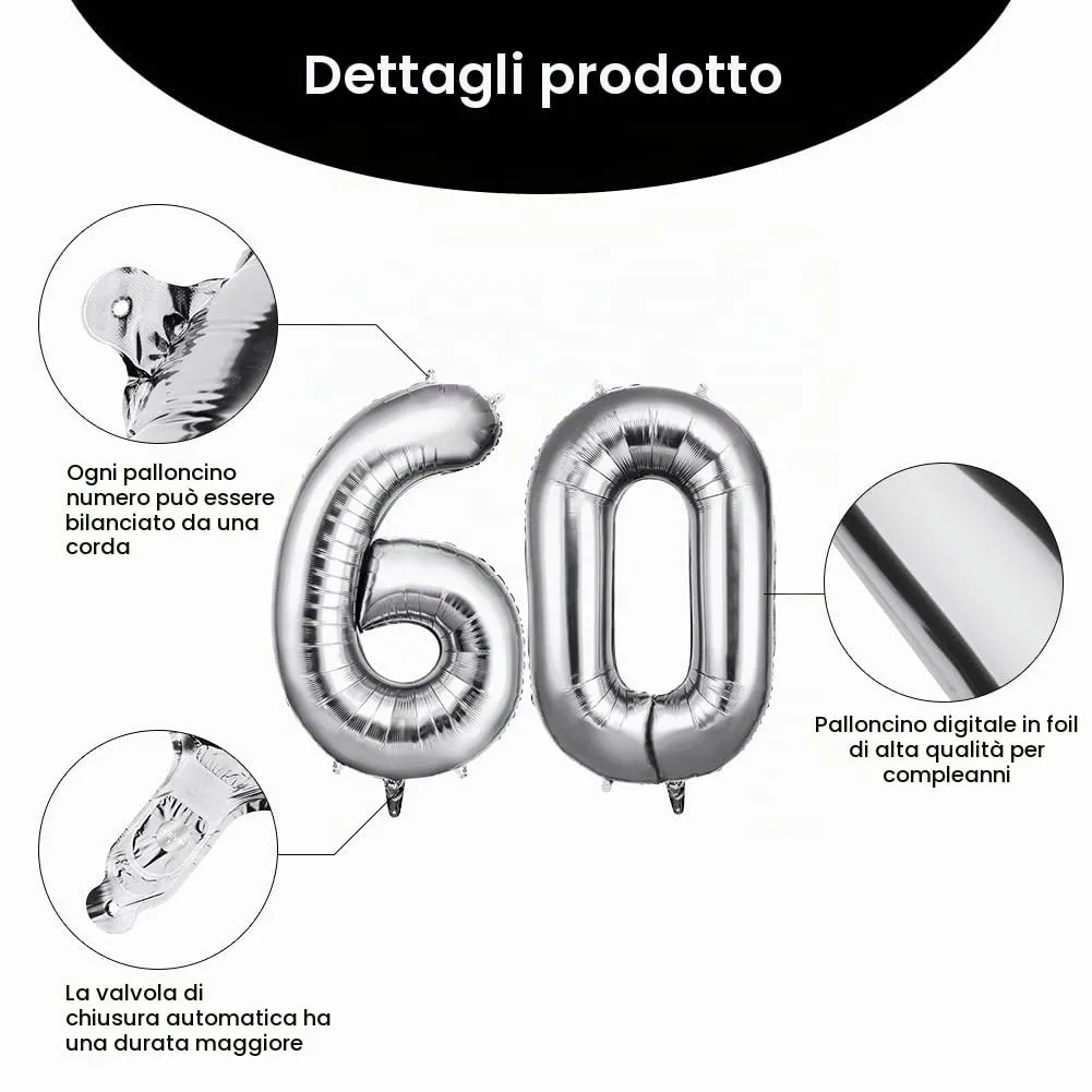 OFFCUP Palloncini Numero 60 Argento 101 cm - immagine 3