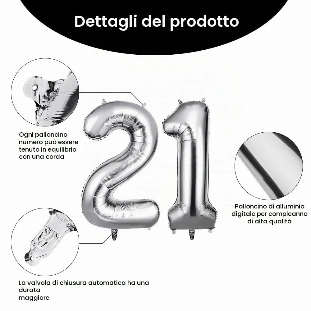 OFFCUP Palloncini Compleanno Numero 21 Argento 101 cm - immagine 3