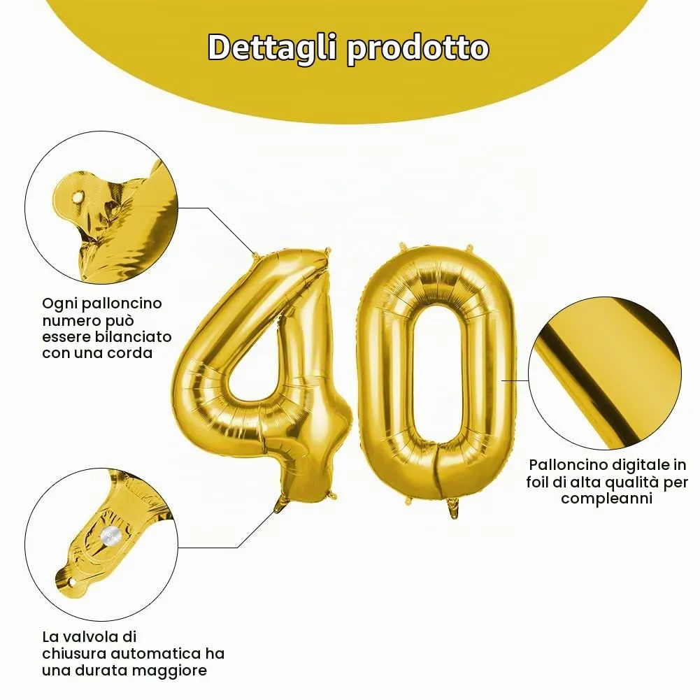OFFCUP Palloncini Compleanno Oro 101 cm, Numero 40 - immagine 3