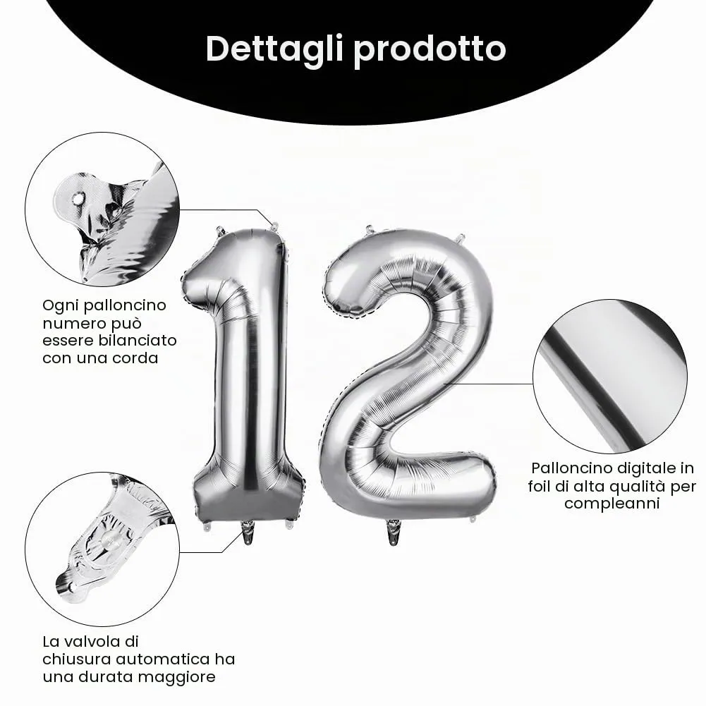 OFFCUP Palloncini Numero 12 Argento 101 cm - immagine 3
