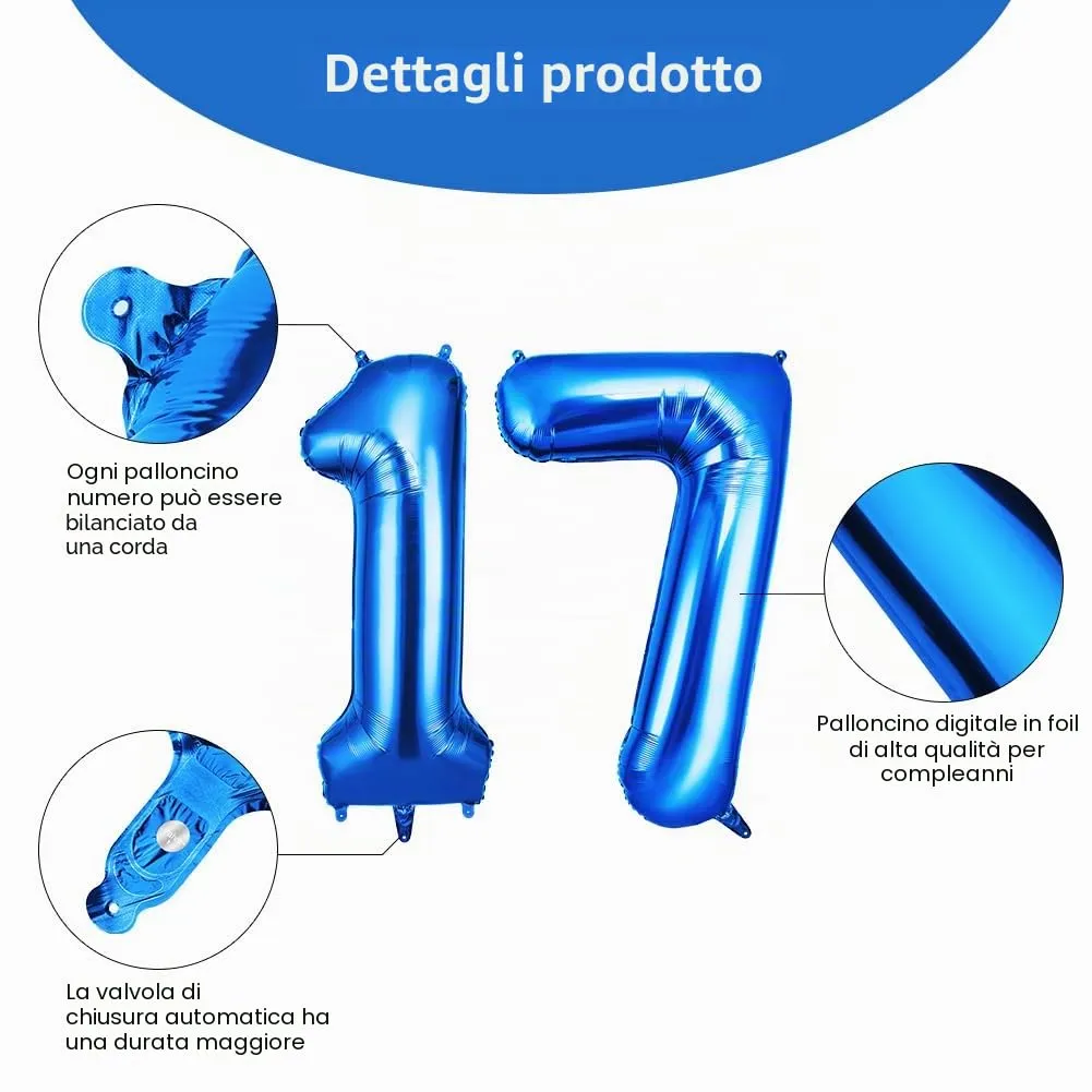 OFFCUP Palloncini Compleanno Blu 101 cm, Numero 17/71 - immagine 3