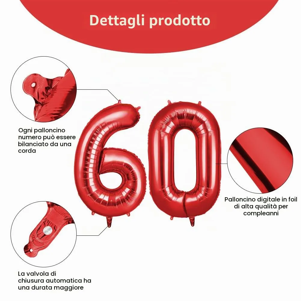 OFFCUP Palloncini Numero 60 Compleanno, Rosso, 101 cm - immagine 3