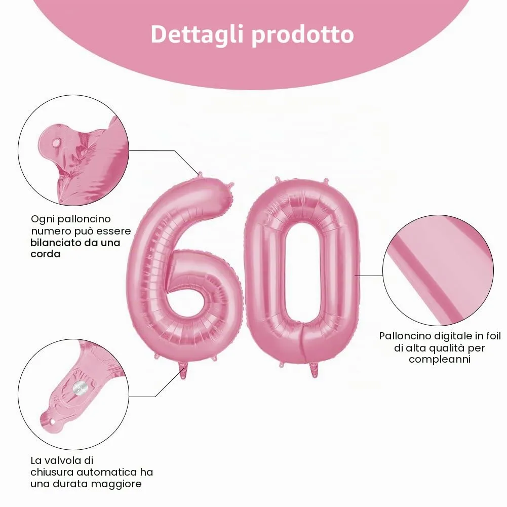 OFFCUP Palloncini Compleanno Numero 60 Rosa 101 cm - immagine 3