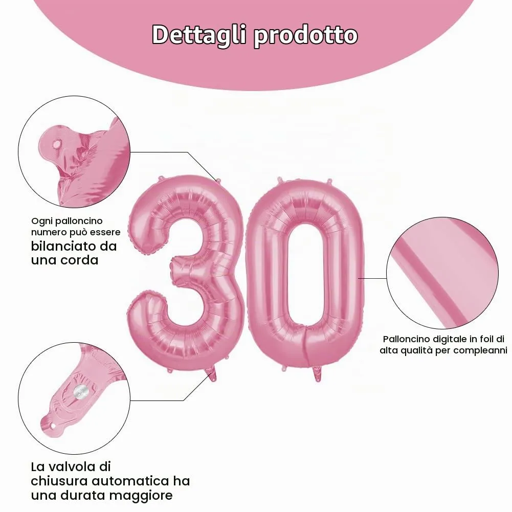 OFFCUP Palloncini Compleanno Numero 30, Rosa, 101 cm - immagine 3