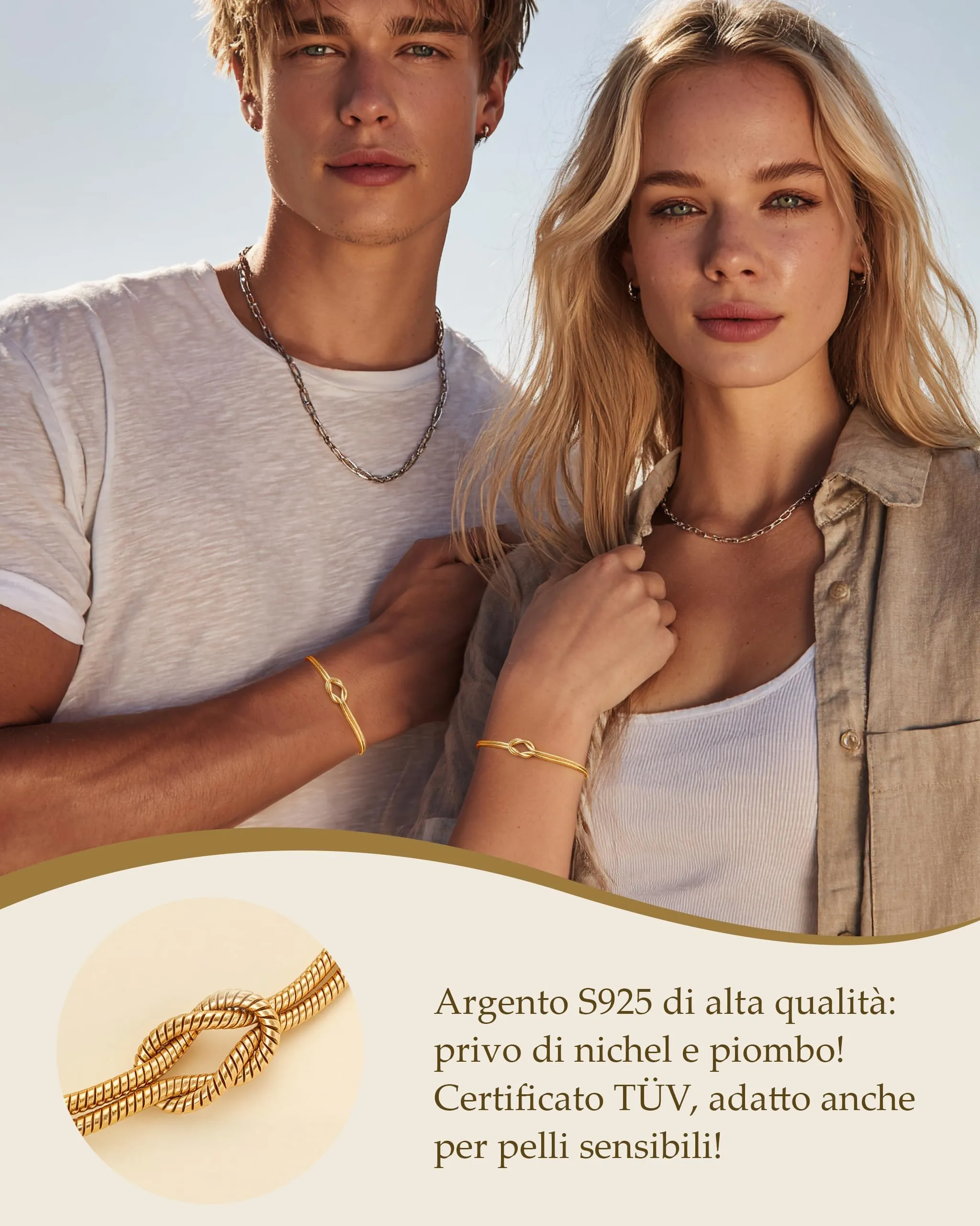 J.Fée Bracciale Nodo d'Amore in Argento 925, Oro, Regolabile 21cm - immagine 4